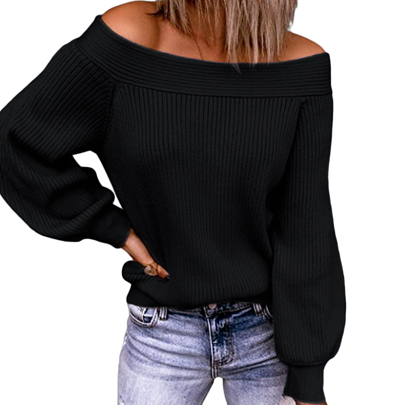 Women's Off Shoulder Sweater - Long Sleeve Loose Batwing Sleeves Pullover Knit Jumper, Casual Oversized Waffle Tunic Tops for Fall & Winter, Perfect for Date Nights, Office Wear and Weekend Outfits
