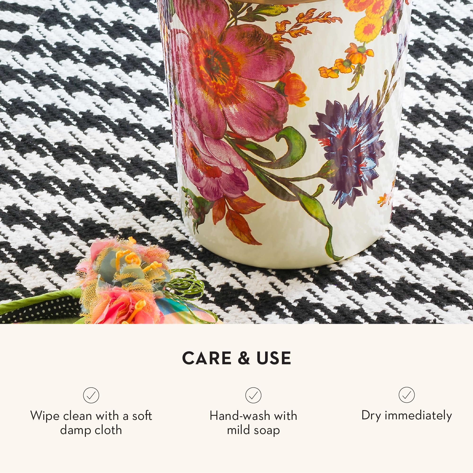 MACKENZIE-CHILDS White Floral Waste Bin - Elegant Bedroom & Bathroom Trash Can with Decorative Flower Design - Perfect for Home, Office, or Hotel Decor