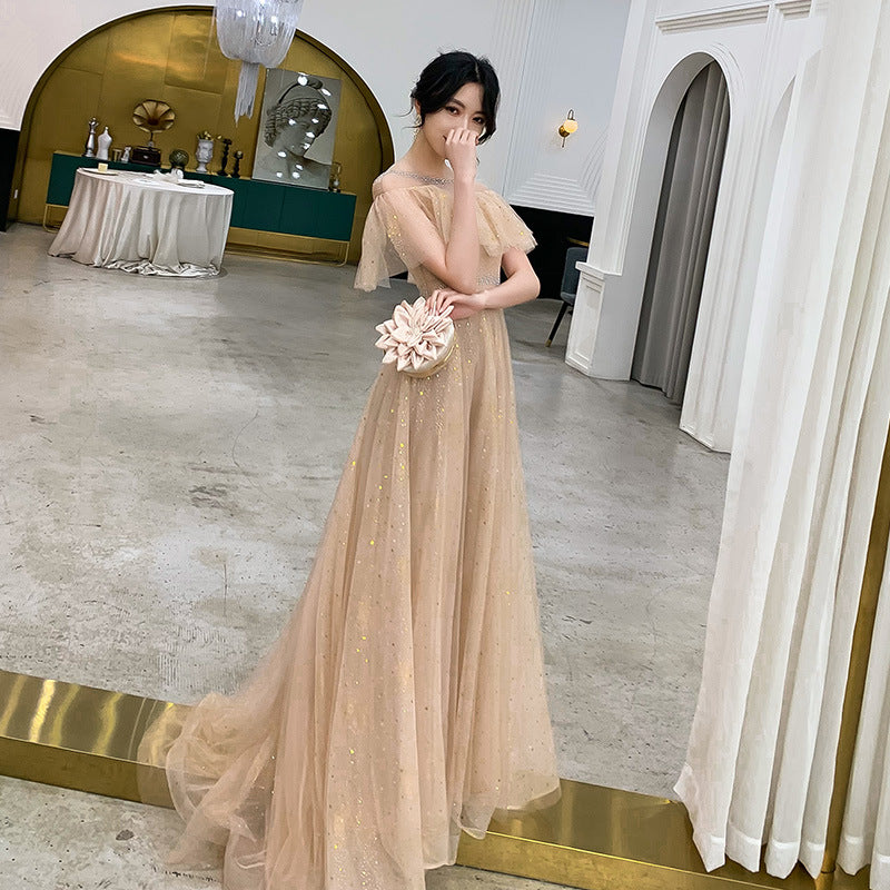Elegant Off Shoulder A-Line Tulle Prom Dress in Shiny Khaki - Formal Evening Gown for Homecoming, Quinceañera & Special Occasions