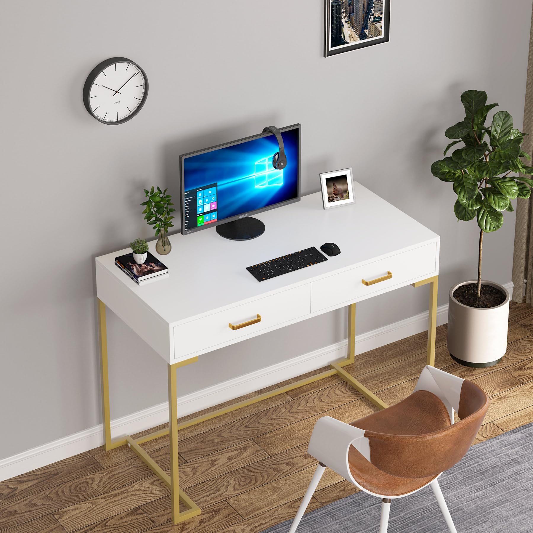 Tribesigns Modern White and Gold Computer Desk with 2 Drawers - Wood Top & Metal Frame, Home Office Writing Desk for Small Spaces, Bedroom or Study - Perfect for Remote Work, Online Classes & Gaming Setup
