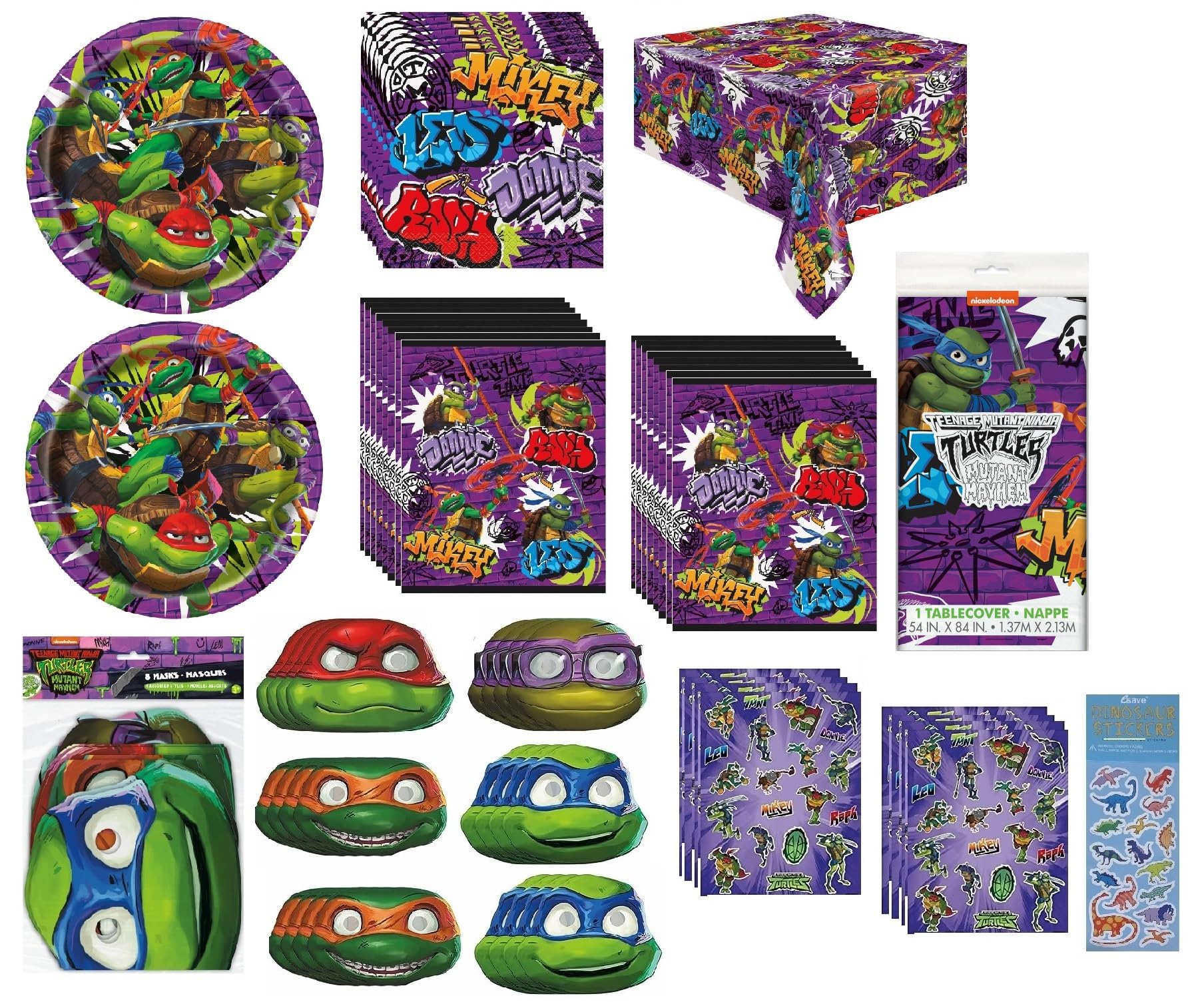 TMNT Teenage Mutant Ninja Turtles Birthday Party Supplies Set - 16 Plates, 16 Napkins, 1 Table Cover, 16 Goodie Bags, 16 Paper Masks, 8 Sticker Sheets, 1 Dinosaur Sticker - Perfect for Kids' Birthday Parties, Themed Events & TMNT Fans Celebrations
