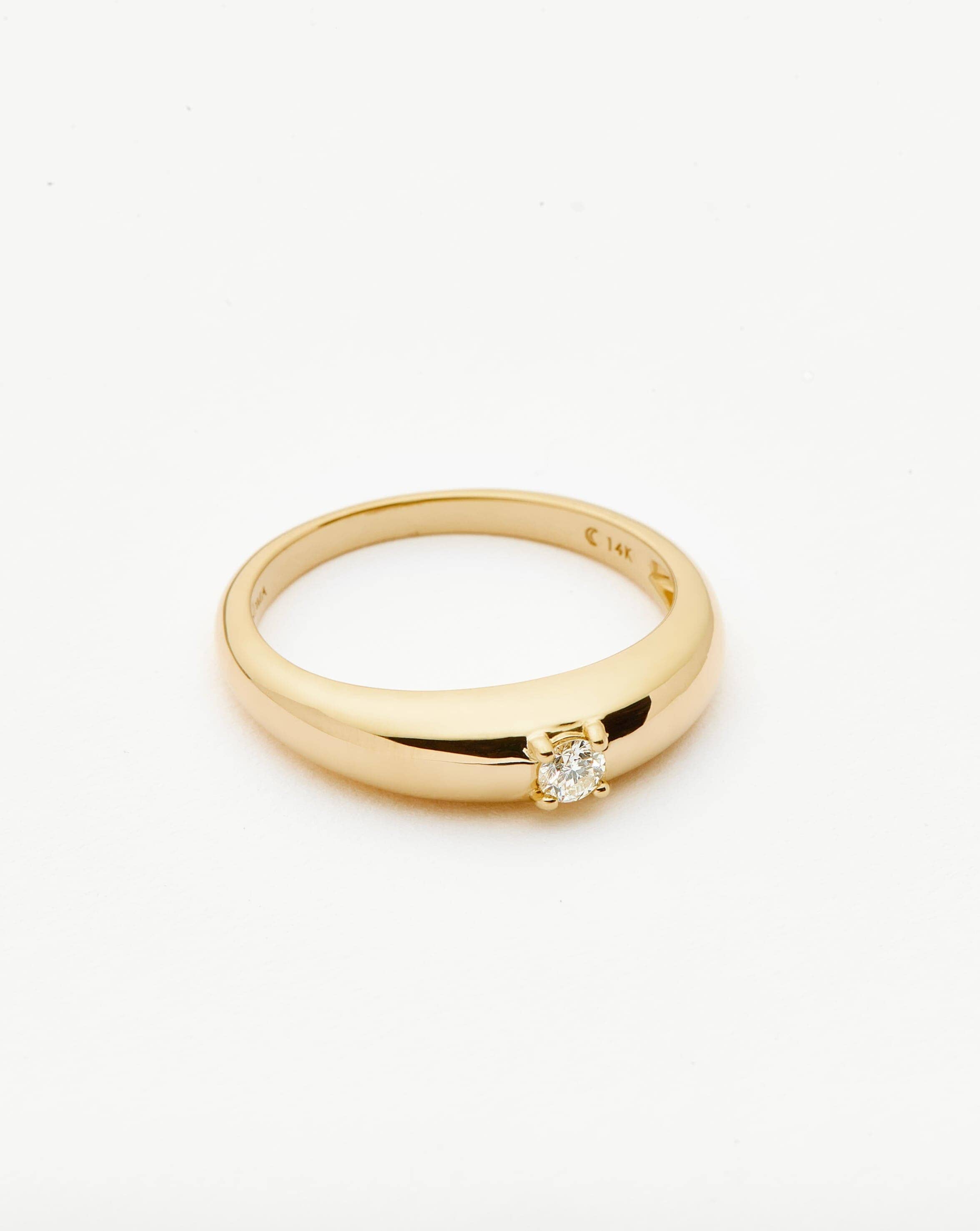 14K Solid Gold Single Diamond Classic Dome Ring for Women - Elegant Wedding, Engagement, Anniversary Jewelry Gift