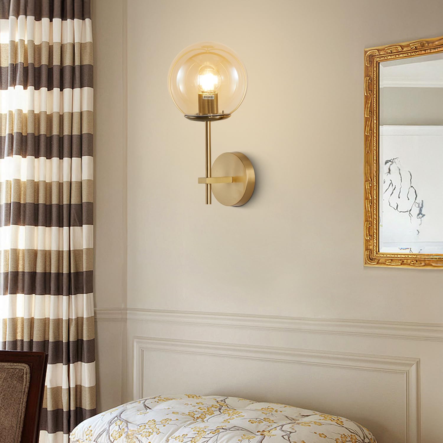 Modern Mid Century Style Wall Sconce with Glass Shade & Brass Finish - Amber Bathroom Vanity Light for Home Decor | Perfect for Bedroom, Hallway & Bathroom Lighting