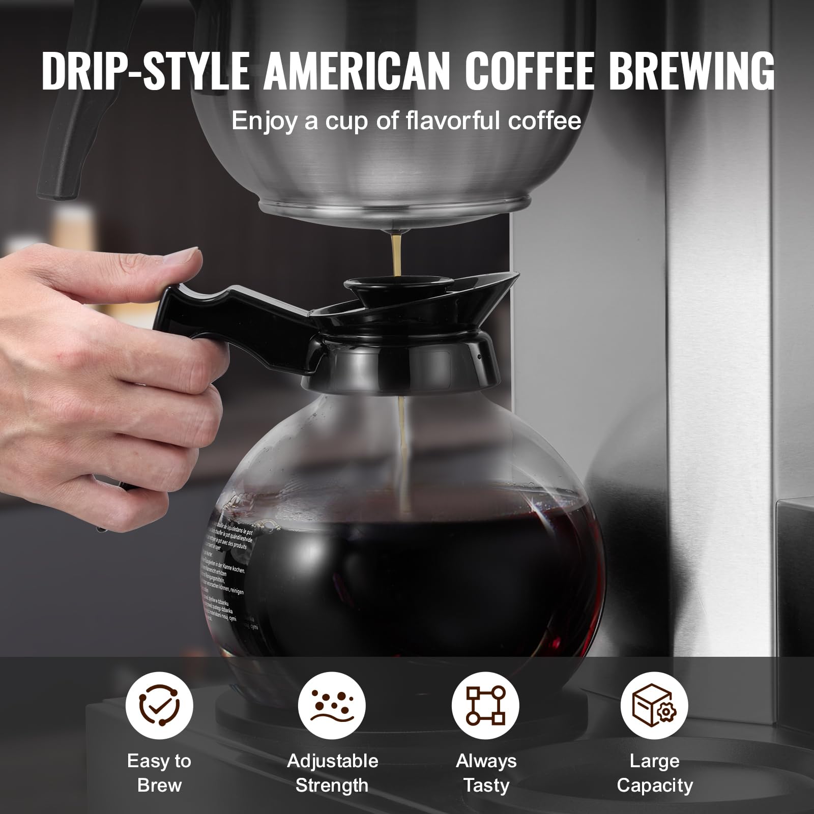 VEVOR 12 Cup Commercial Drip Coffee Maker with 3 Glass Carafes & Warmer Plates - Stainless Steel Automatic Coffee Machine for Restaurants, Offices & Cafes - Perfect for High-Volume Brewing & All-Day Service