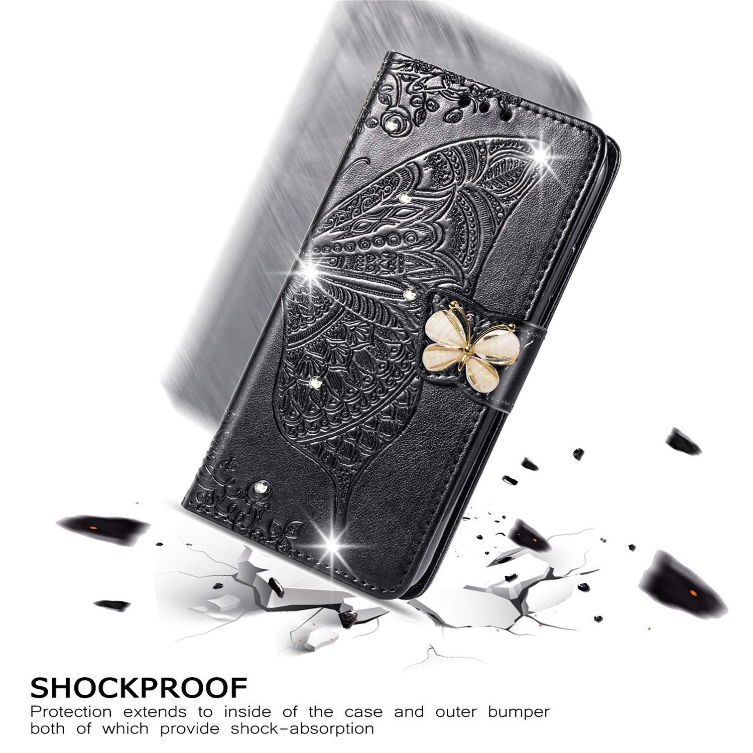 Elegant Floral Butterfly PU Leather Wallet Case for Samsung Galaxy Note 20 - Rhinestone Black Folio Cover with Card Slots | Perfect Gift for Women & Girls | Stylish Protection for Daily Use & Special Occasions