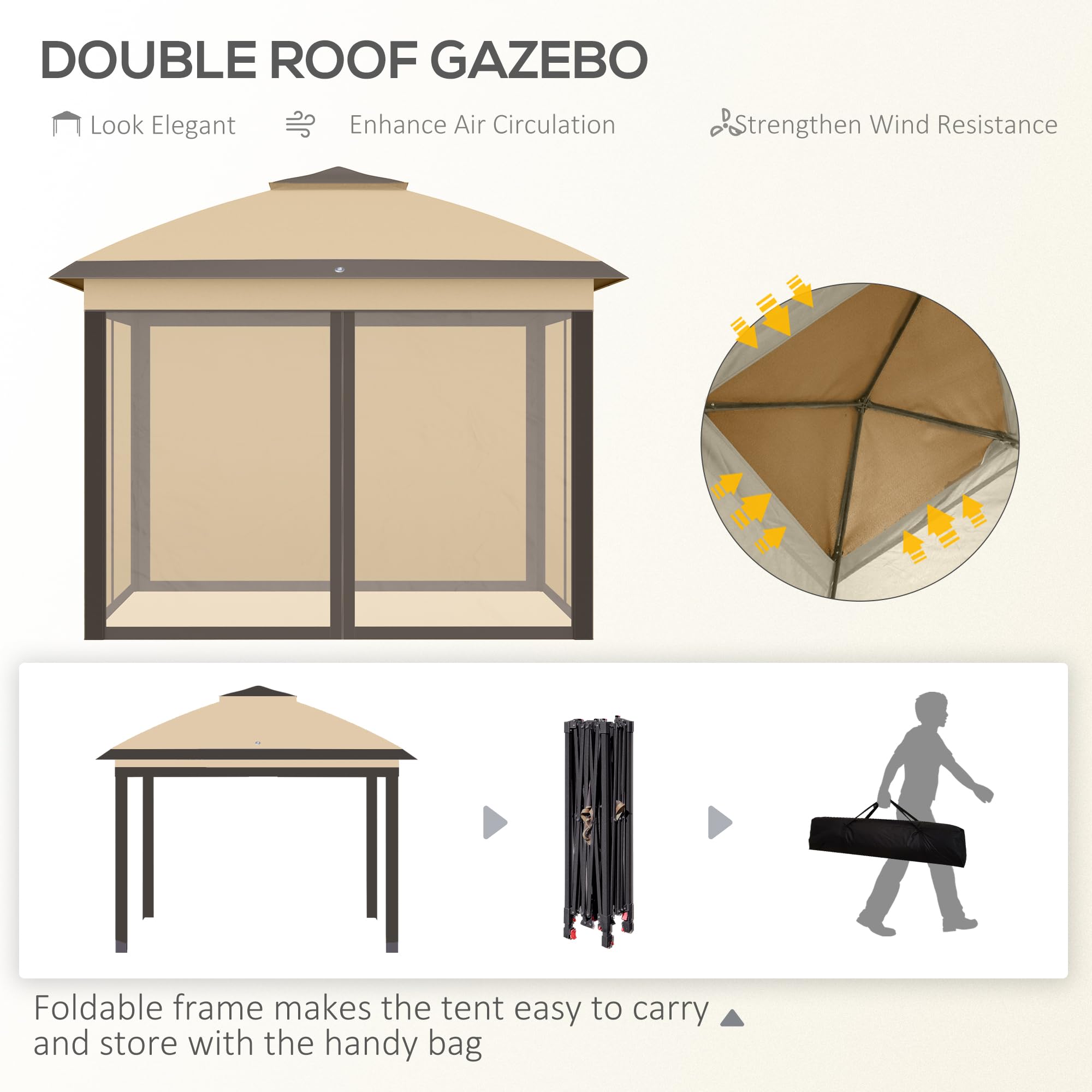 Outsunny 11' x 11' Pop Up Canopy Tent with Netting & Carry Bag - Instant Gazebo Sun Shelter for Outdoor Parties, Camping, Beach, Backyard - 121 Sq Ft Shade, Beige