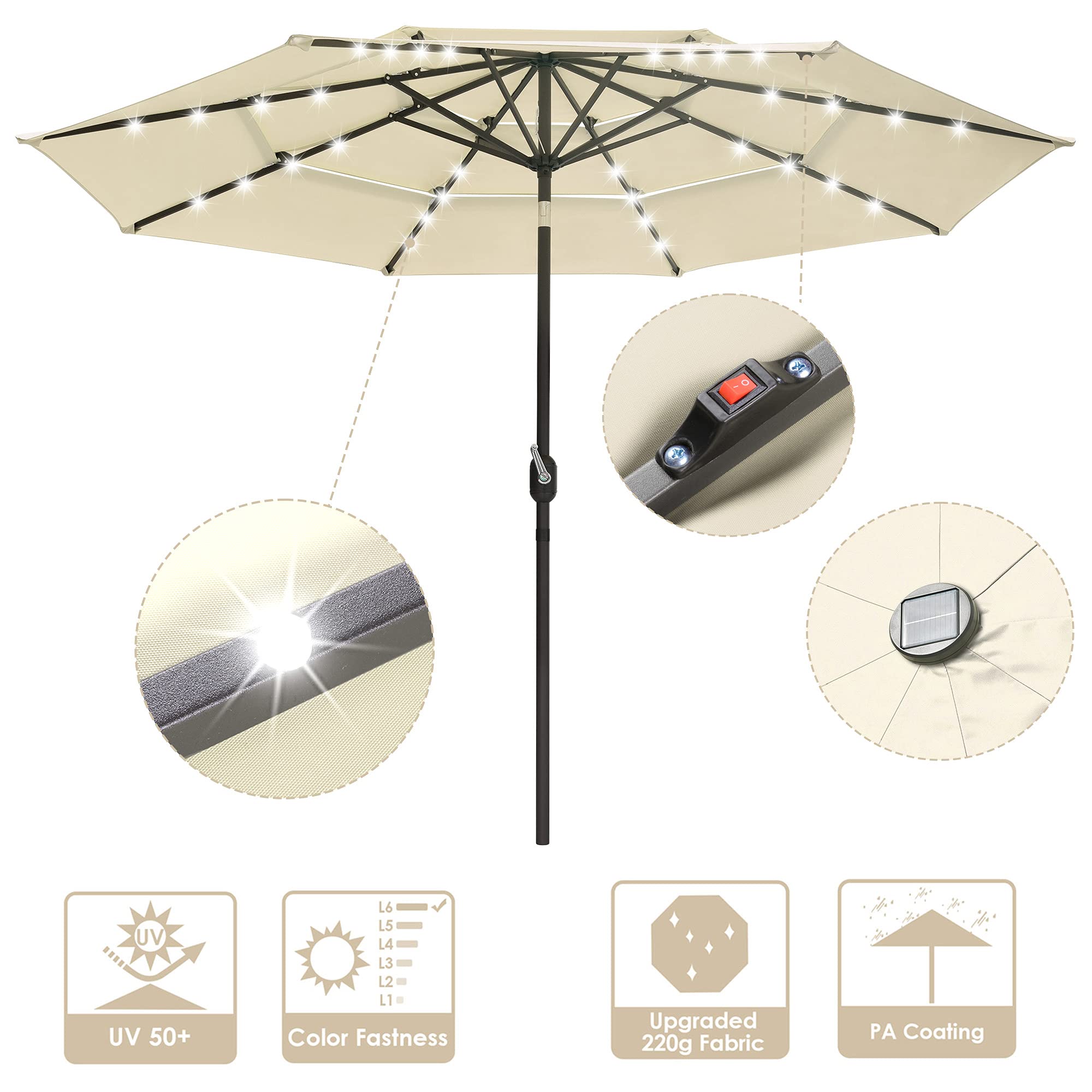 3-Tier Solar Patio Umbrella with 32 LED Lights - 9FT Beige Outdoor Market Umbrella with Tilt & Crank - Perfect for Garden, Deck, Backyard, Pool and Beach Parties