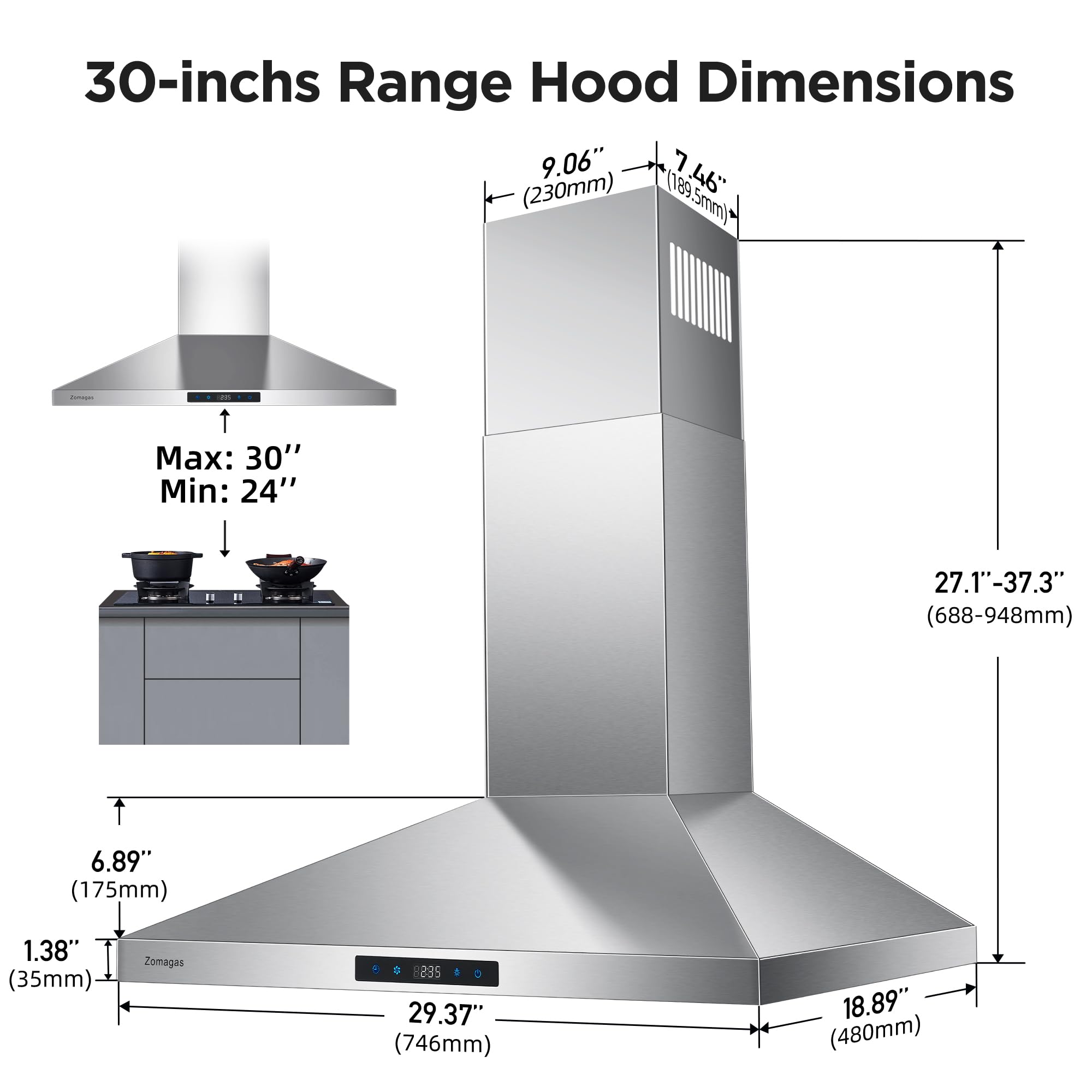 30 Inch Stainless Steel Range Hood - Wall Mount Kitchen Vent Hood with 3 Speed Settings, Touch Control & Energy-Saving LED Lights | Ducted/Ductless Convertible Design with 5-Layer Aluminum Filters | Perfect for Modern Kitchens, Restaurants & Open-Concept Homes
