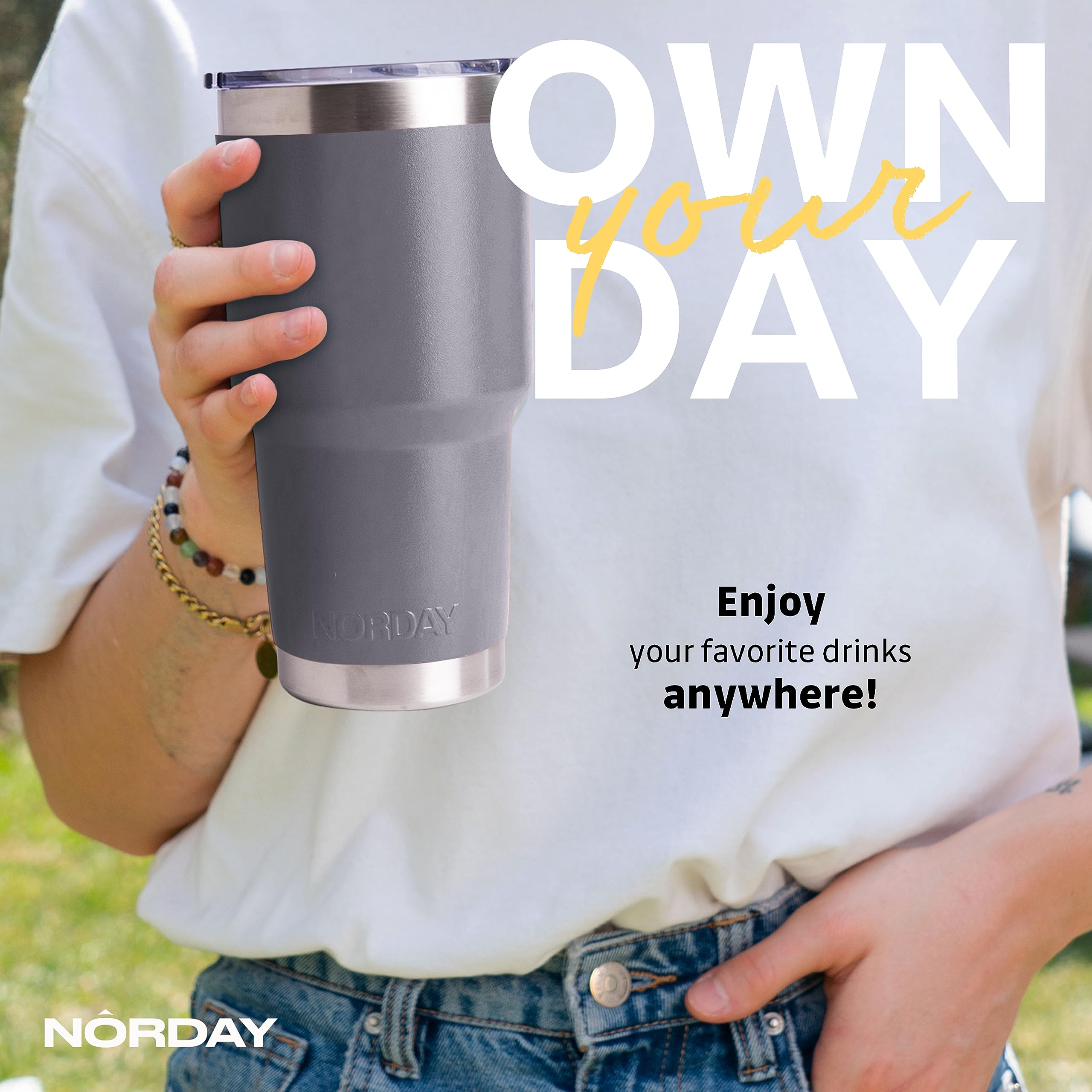 NORDAY 30oz Stainless Steel Tumbler with Lid - Grey Double Wall Vacuum Insulated Travel Mug - Keeps Drinks Hot/Cold for 24 Hours - Fits Car Cup Holder - Leak Proof Coffee Cup for Office, Gym, Camping & Road Trips