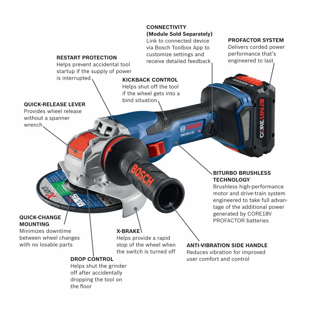 BOSCH GWX18V-13CB14 PROFACTOR™ 18V X-LOCK Cordless Angle Grinder Kit with CORE18V® 8Ah Battery - 5-6 Inch Cutting & Grinding Tool for Metal, Concrete & Tile | Professional Power Tool for Construction, Welding & DIY Projects