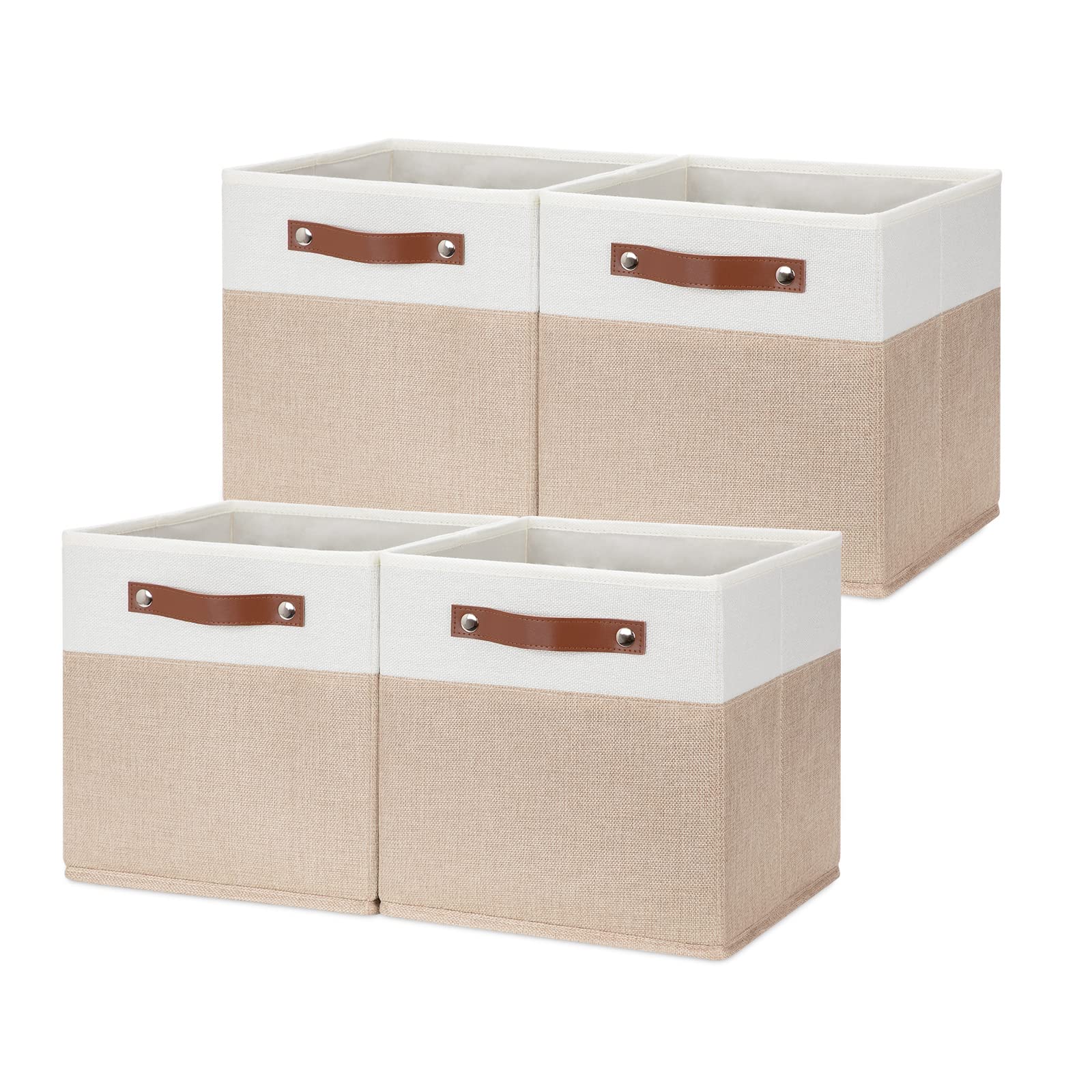 HNZIGE 11x11 Inch Foldable Fabric Storage Bins with Leather Handles - 4 Pack White Beige Storage Cubes for Shelves | Organize Clothes, Toys, Home & Nursery Decor | Space Saving Storage Solution for Bedroom, Closet & Kids Room