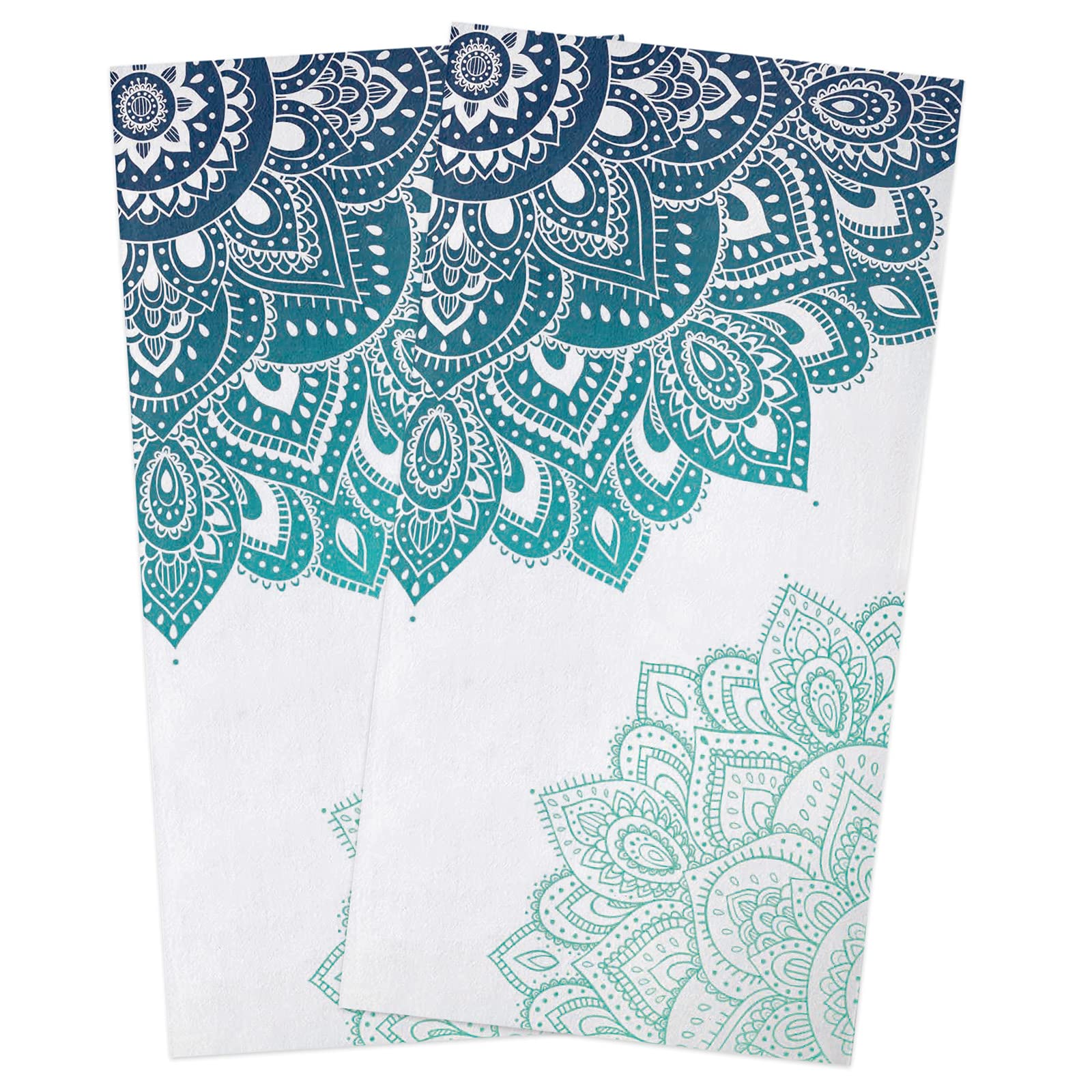Zadaling Mandala Flower Teal Floral Cotton Kitchen Towels Set of 2 - 18x28 Inches Soft Absorbent Dish Cloths, Tea Towels & Hand Towels for Bathroom, Kitchen, Bar - Decorative & Functional Home Essentials