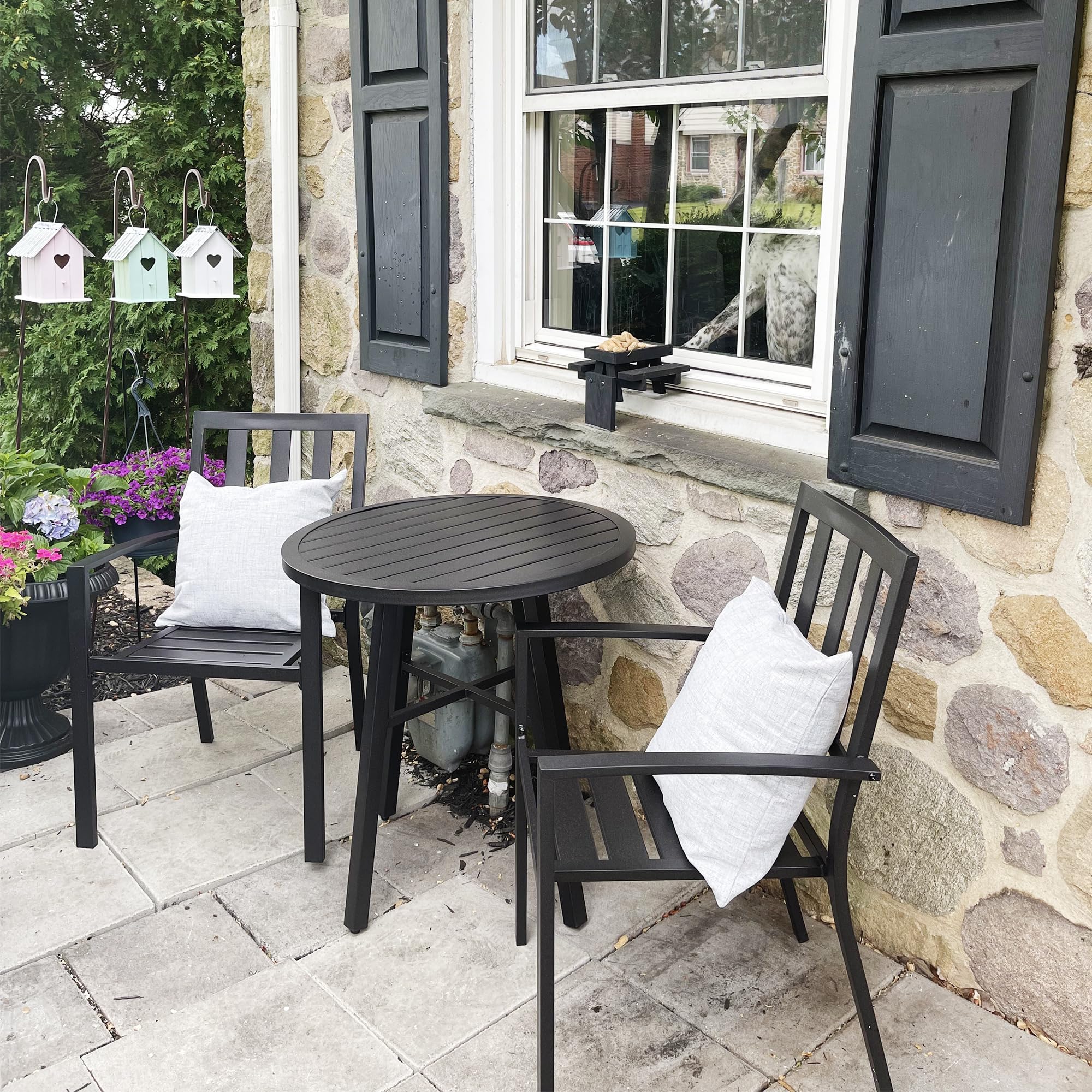 PHI VILLA 3-Piece Outdoor Bistro Set - Slatted Metal Round Table & 2 Chairs - Patio Dining Furniture for Porch, Deck, Garden & Backyard - Perfect for Morning Coffee & Outdoor Entertaining