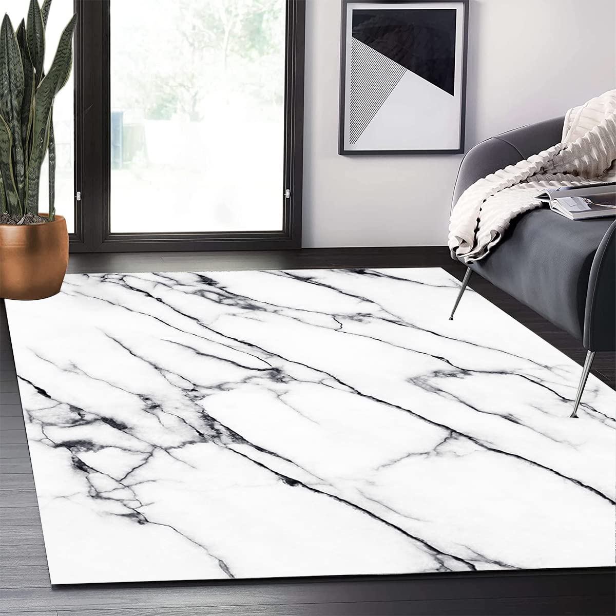 Modern Abstract White Grey Marble Pattern 5x7 Area Rug - Soft Distressed Vintage Carpet for Living Room, Bedroom, Dining Room - Washable Indoor Rug for Kitchen, Hallway, Laundry - Art Deco Home Decor & Cozy Floor Mat
