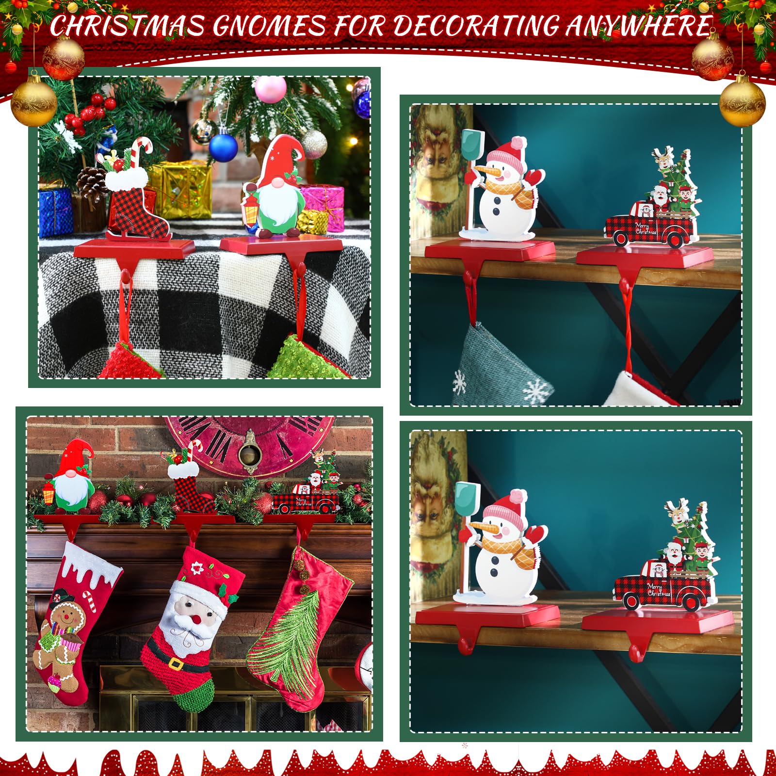 Barydat Set of 4 Metal Christmas Stocking Holders - Snowman, Truck, Ice Skate & Gnome Wood Sign Fireplace Mantel Hangers - Holiday Decor for Christmas Party, Home & Gift Giving - Perfect for Fireplace Mantel, Living Room & Festive Gatherings