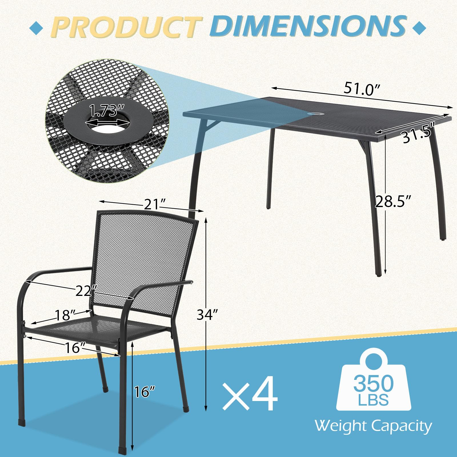 U-MAX 5-Piece Metal Outdoor Dining Set with Square Table & 4 Stackable Chairs - Patio Furniture for Garden, Deck, Backyard | Includes Umbrella Hole for Shade | Perfect for BBQs, Family Gatherings & Outdoor Entertaining