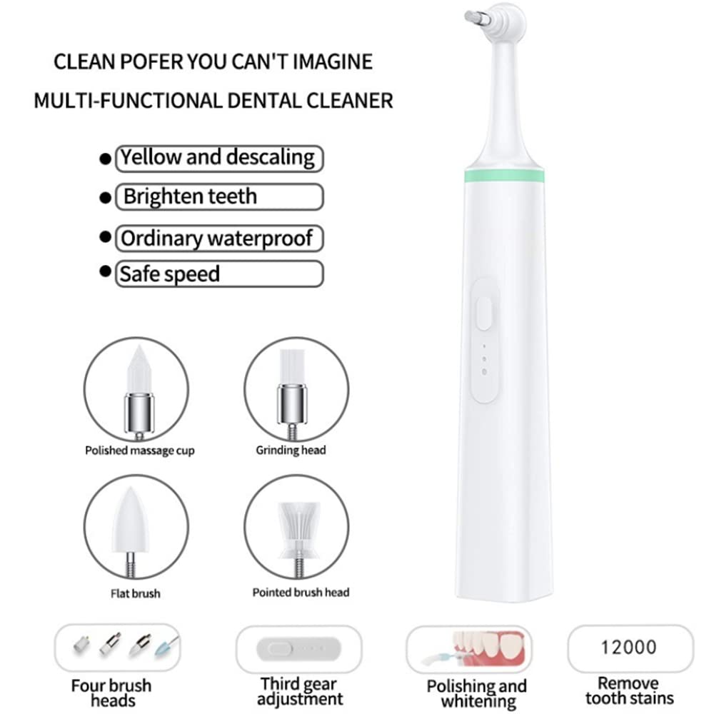 Electric Tooth Polisher & Stain Remover - Professional Teeth Whitening Kit with 4 Polishing Heads for Plaque, Tartar & Yellow Teeth - Safe for Humans & Pets - Perfect for Home Dental Care & Oral Hygiene (Green)