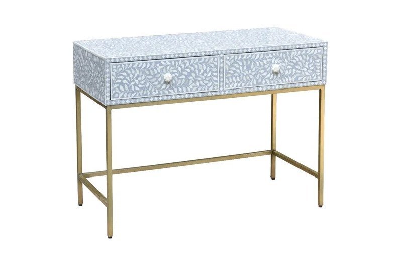 Handmade Floral Design Bone Inlay Console Table with Two Drawers in Grey - Elegant Entryway Table for Hallway, Living Room & Foyer Decor | Perfect for Home, Office & Luxury Interior Design