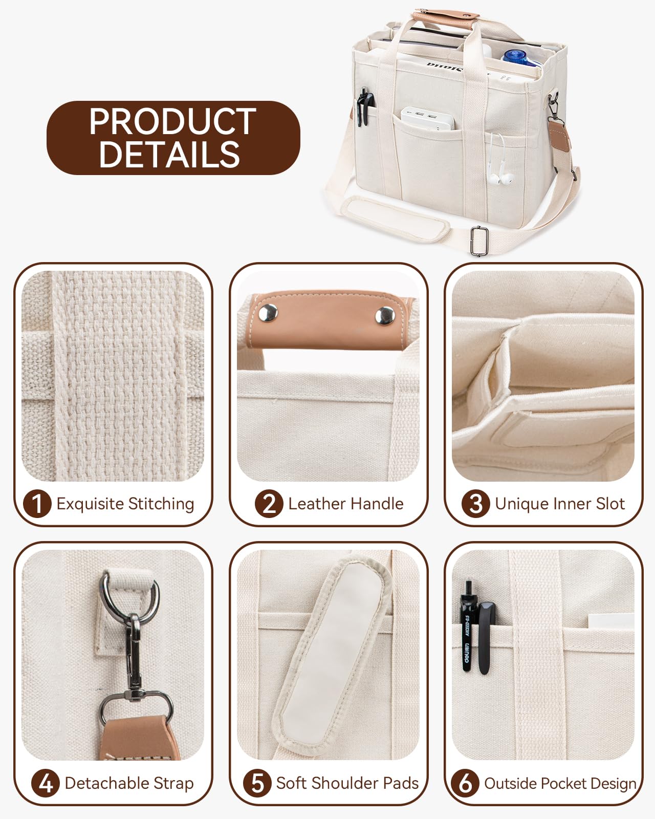 Stylish Canvas Tote Bag for Women with Multi-Pocket - Perfect for Work & Travel