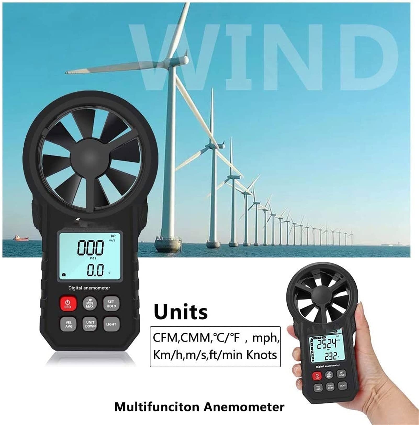 Portable Handheld Wind Speed & Chill Temperature Meter - Digital CFM Wind Gauge with LCD Backlight for Weather Monitoring | Perfect for Outdoor Activities, Sailing, Surfing, Fishing, and Scientific Data Collection
