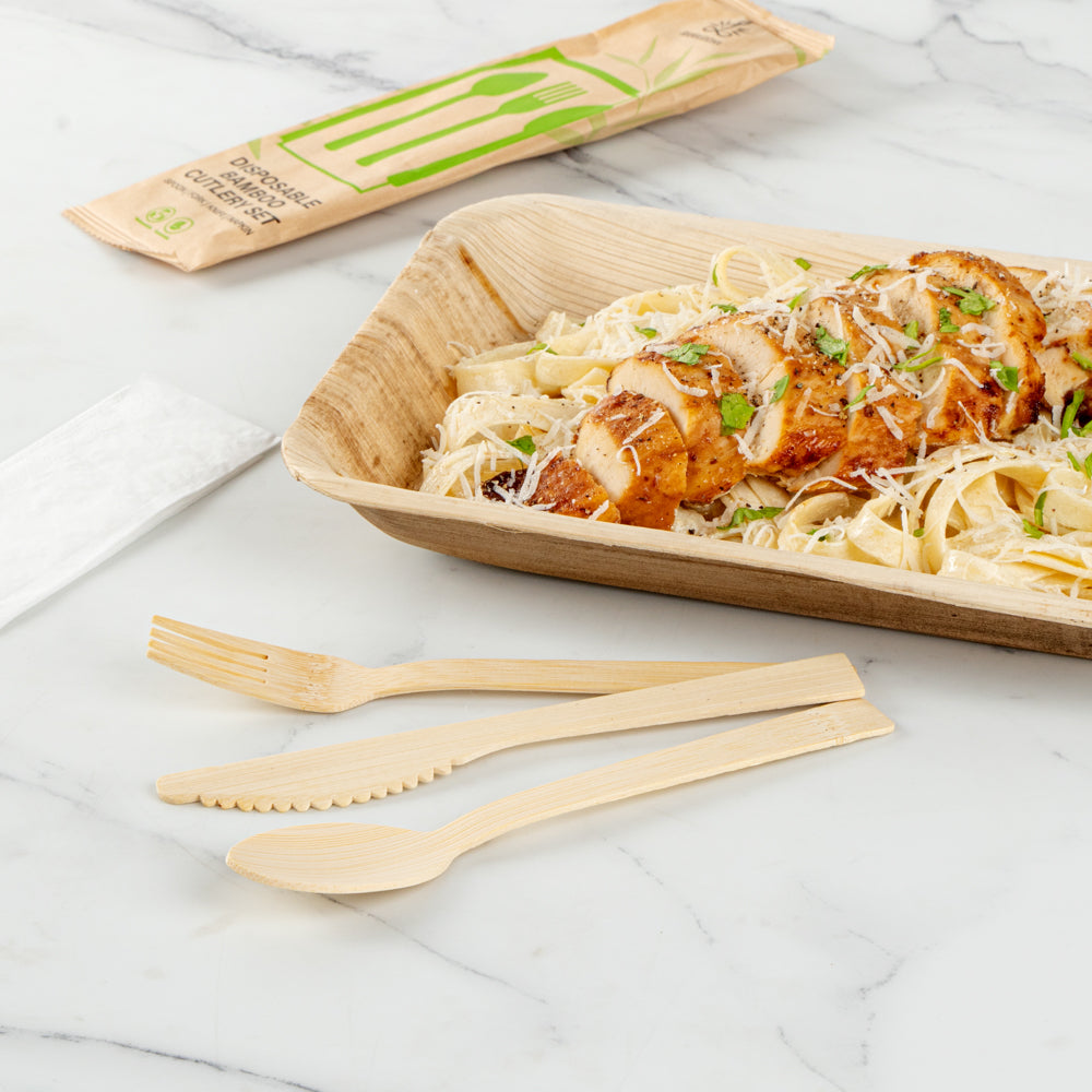 Eco-Friendly Bamboo Disposable Cutlery Set with White Napkins & Kraft Paper Pouch - 500 Count (7-Piece Set) | Perfect for Parties, Picnics, Catering & Sustainable Events
