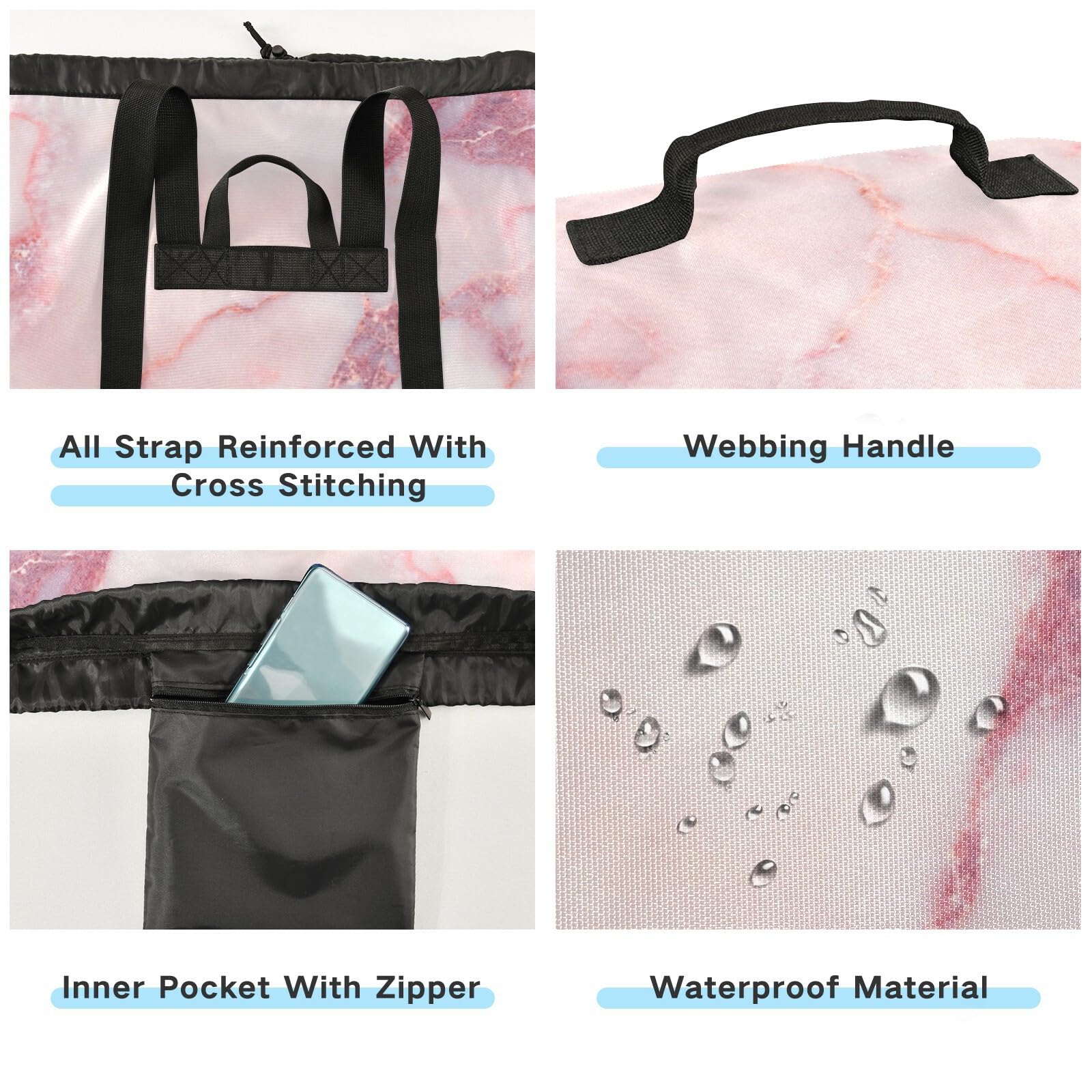 Washable Laundry Backpack - Large Dirty Clothes Bag with Adjustable Shoulder Straps | Pink Marble Pattern | Heavy Duty Drawstring Laundry Bag for Travel, College, Camping & Gym | Perfect for Dorms, Hotels & Outdoor Adventures