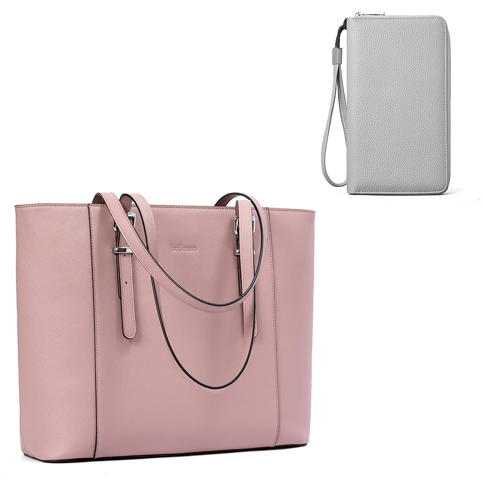 BROMEN 15.6 Inch Laptop Tote Bag for Women - Pink Briefcase with Grey Wallet Set | Professional Work Bag & Travel Organizer for Business Women