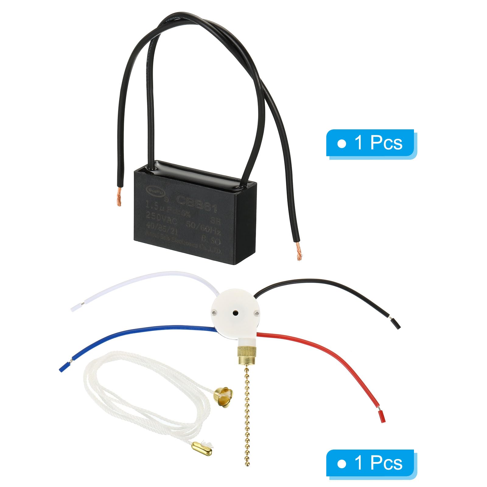 PATIKIL CBB61 1.5uF 250V AC Ceiling Fan Capacitor - 2 Wires with 3 Speed Switch for AC Fan Motors (50/60Hz) - Perfect for Home Ceiling Fans, HVAC Systems & Appliance Repair