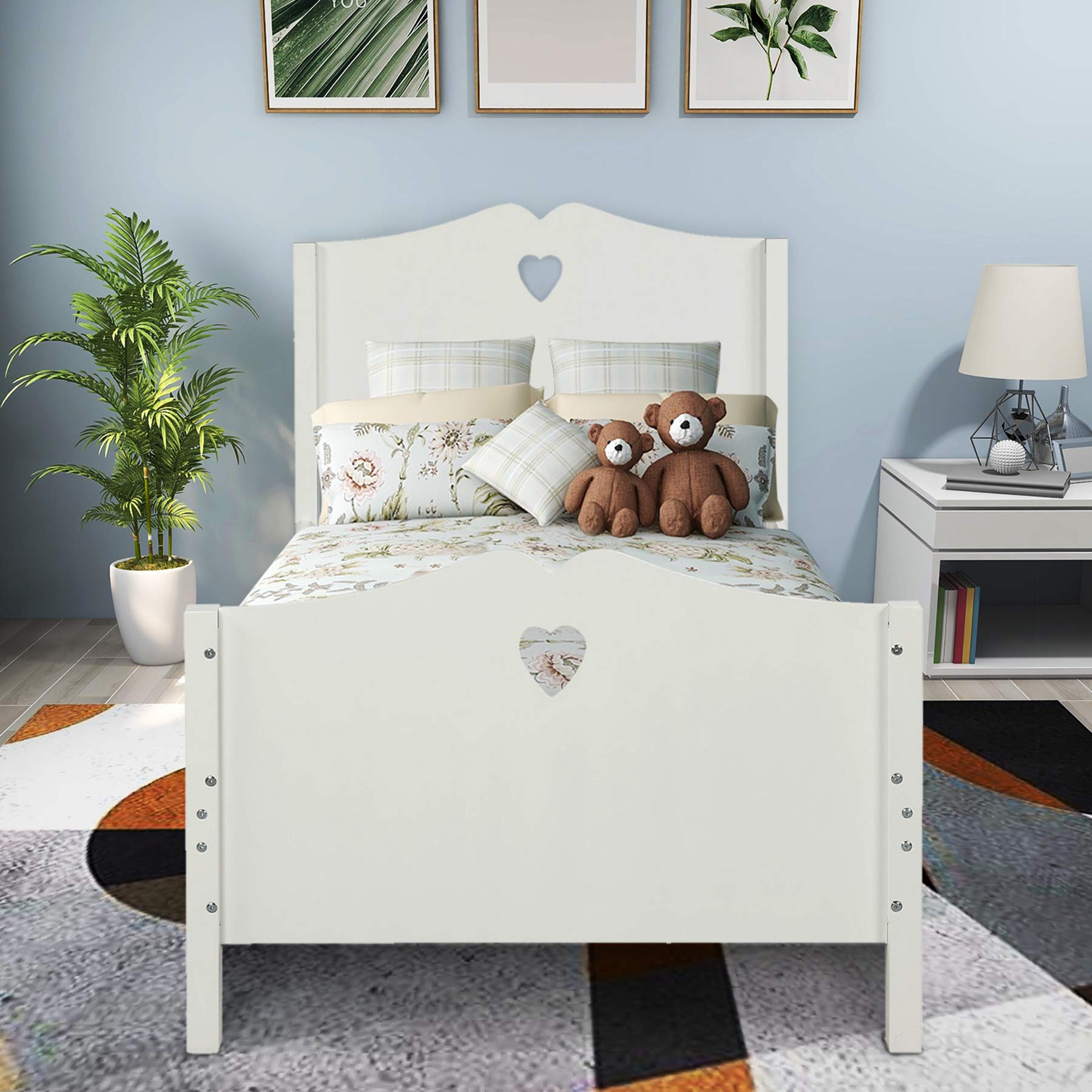 P PURLOVE Twin Size Platform Bed Frame with Wood Slat Support - Sturdy Headboard & Footboard, Modern Minimalist Design (White) - Perfect for Small Bedrooms, Guest Rooms & Kids' Rooms