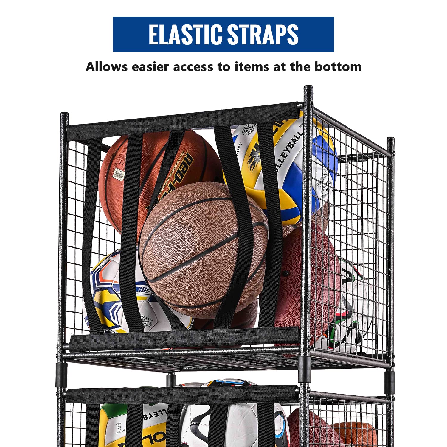Mythinglogic Rolling Sports Ball Storage Cart - Lockable Ball Storage Locker with Elastic Straps, Stackable Ball Cage for Garage & Home Organization - Perfect for Basketball, Soccer, Football, Baseball Storage