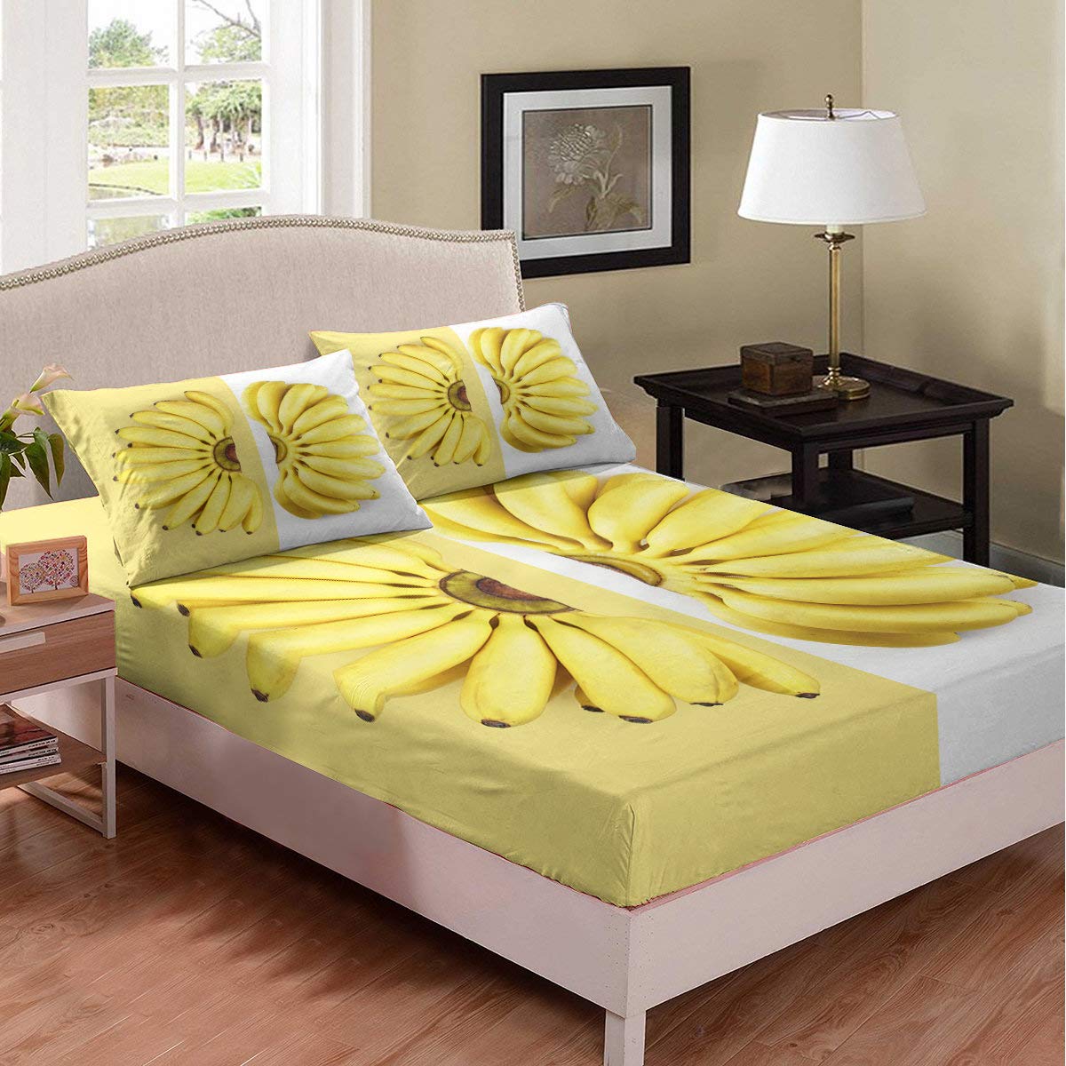 Banana Pattern Fruit Themed Deep Pocket Fitted Sheet Set - Queen Size Yellow & White Breathable Brushed Cotton Bedding for Kids, Boys, Girls & Teens (1 Fitted Sheet + 2 Pillow Cases) - Perfect for Kids' Bedrooms, Dorm Rooms & Playful Home Decor