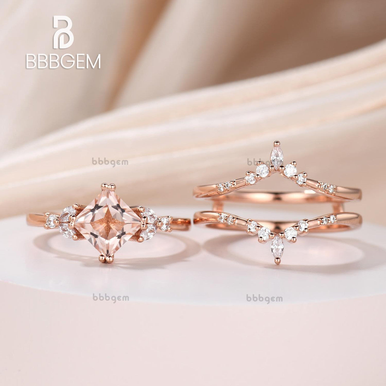 Princess Cut Peach Morganite Bridal Ring Set with Diamond Double Curved Enhancer Band | Elegant Wedding, Engagement & Anniversary Jewelry Gift for Her