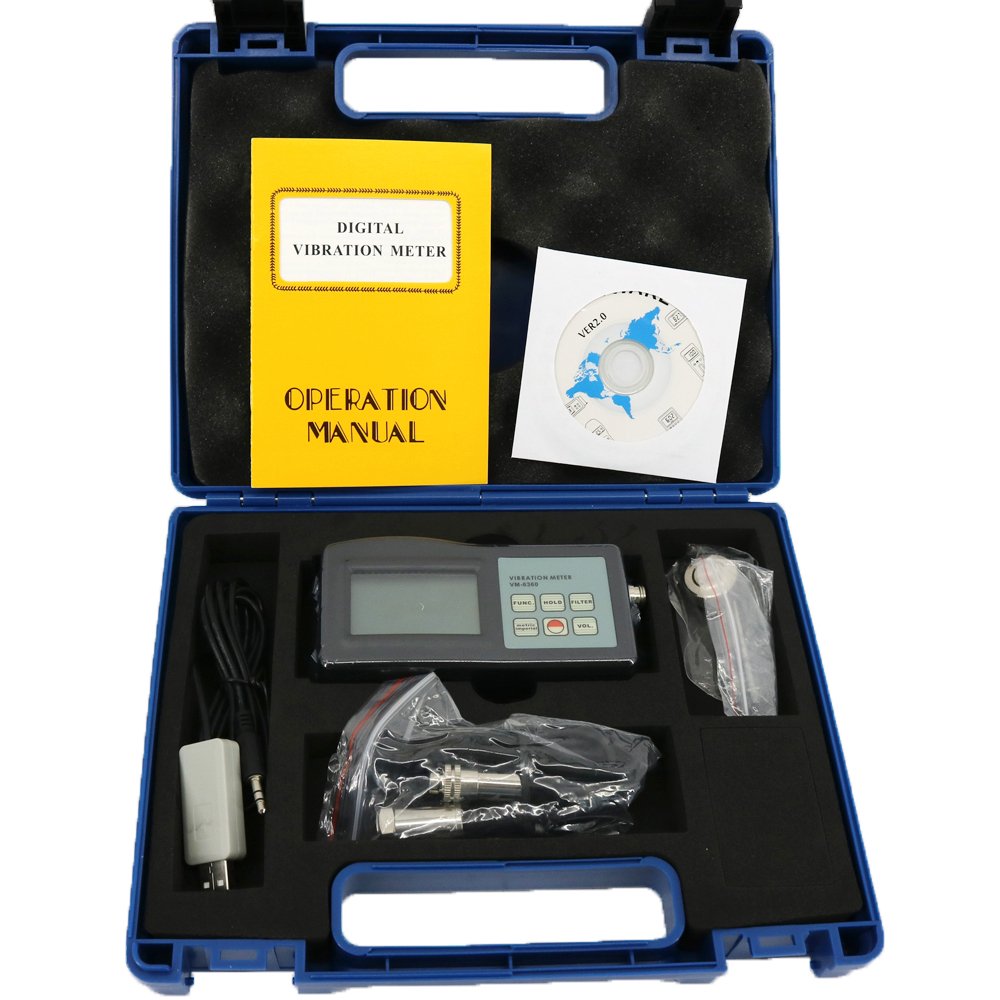 VM-6360 Digital Vibration Meter Tester - Professional Vibrometer Gauge with RS232 Software & USB Cable for Industrial Machinery Monitoring, HVAC System Maintenance, and Equipment Vibration Analysis