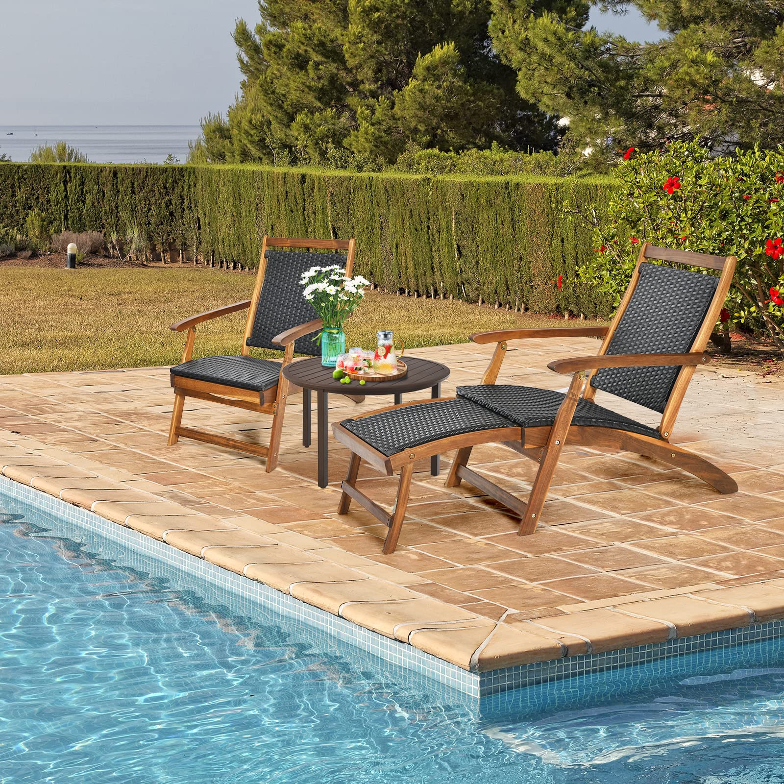 **HAPPYGRILL Outdoor Chaise Lounge Chair with Adjustable Footrest - Acacia Wood & Rattan Wicker Folding Pool Chair - Portable Patio Lounger for Garden, Porch, Beach & Backyard Relaxation**