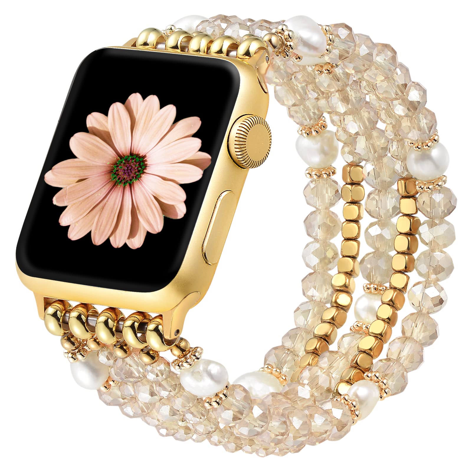 FastGo Pearl Beaded Stretch Bracelet Band for Apple Watch 38mm 40mm 41mm 42mm 44mm 45mm 49mm - Compatible with Series Ultra/8/7/6/5/4/3/2/1 & SE - Elegant Gold Elastic Strap for Women - Perfect for Workouts, Office Wear & Casual Outings