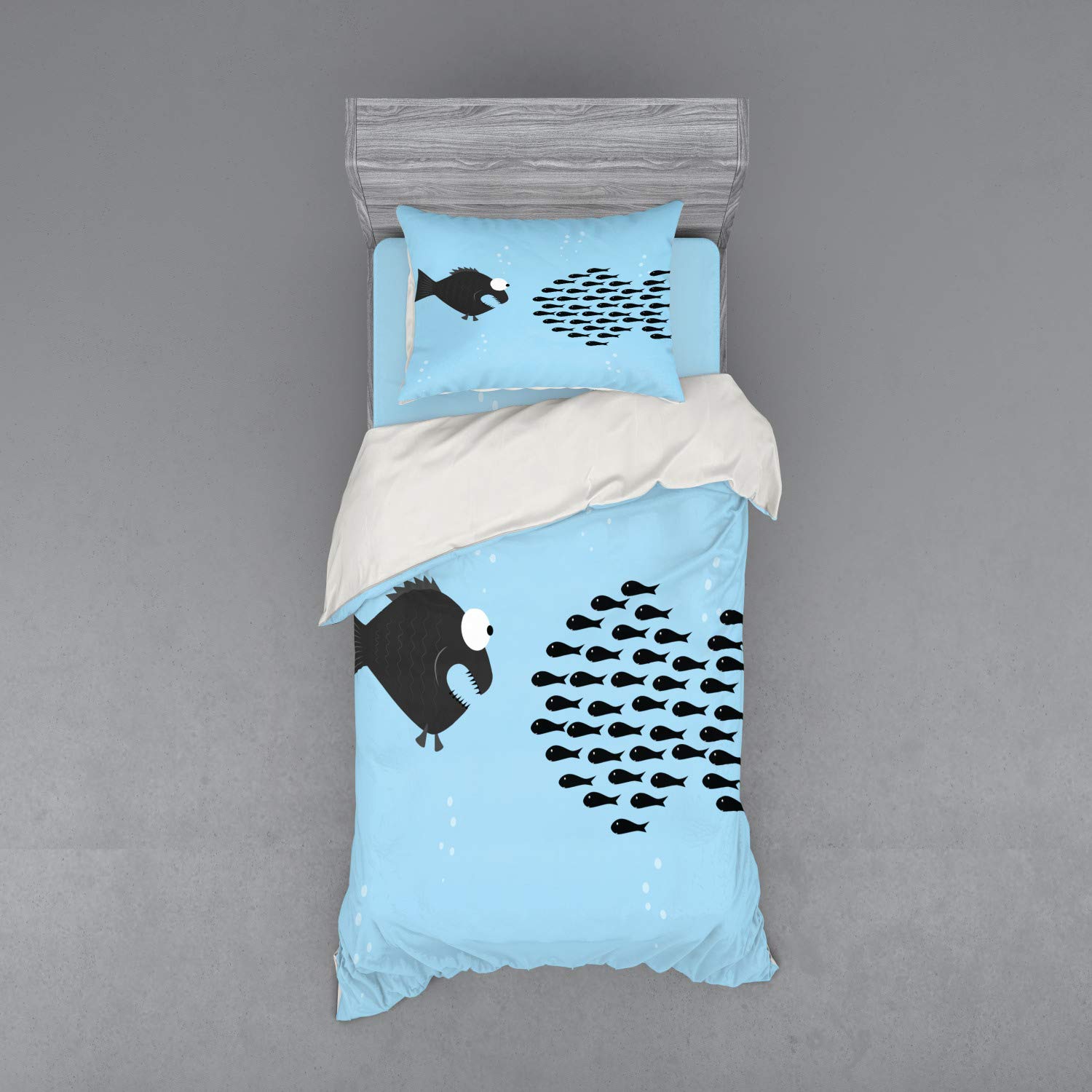 Ambesonne Fish Duvet Cover Set - Little Fishes United Fighting Big Fish Ocean Wildlife Theme - 3 Piece Twin Size Blue & Black Bedding Set with Sham & Fitted Sheet - Perfect for Kids' Rooms, Beach Themed Decor & Aquatic Wildlife Lovers