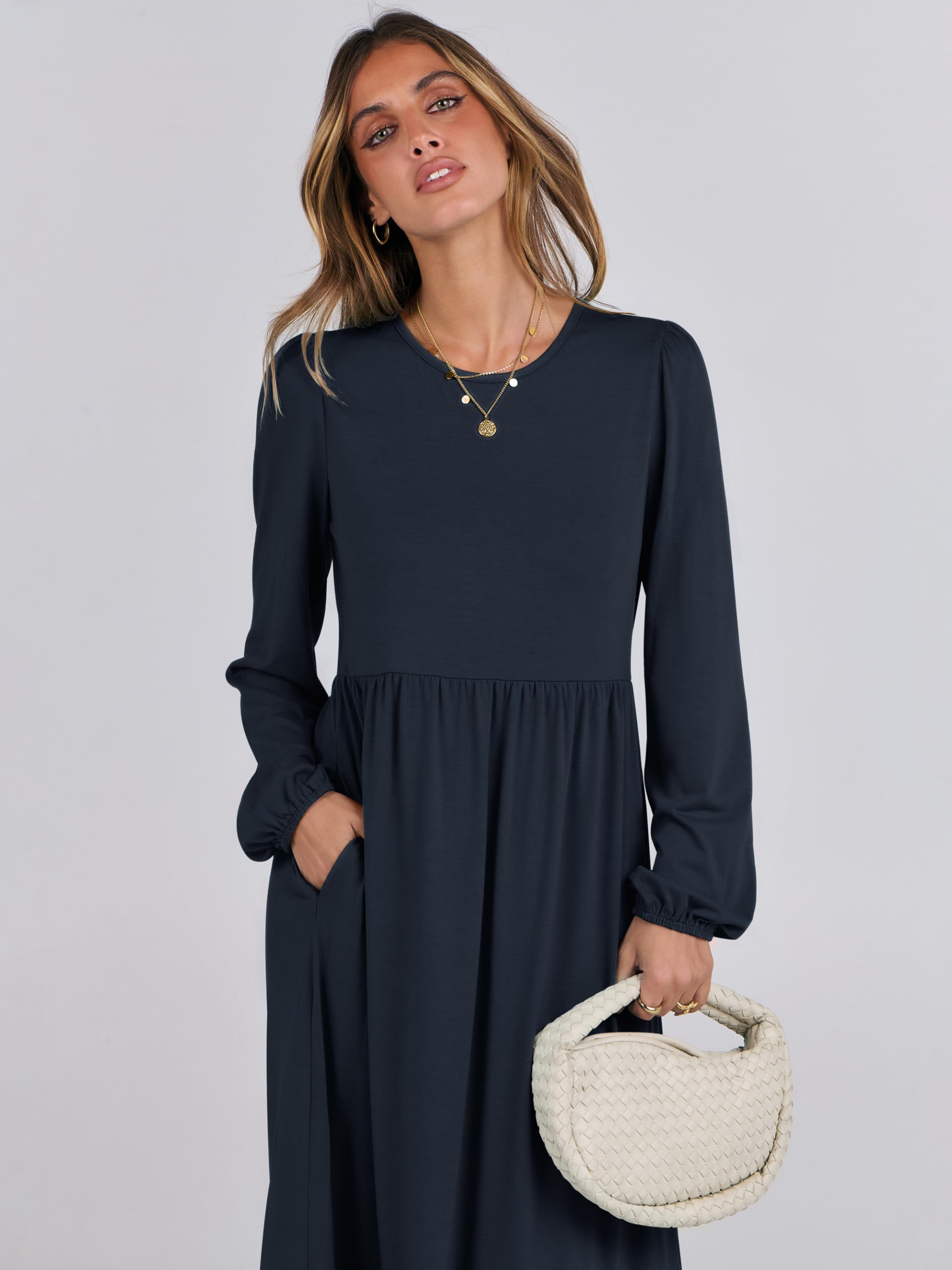 ANRABESS Women's Casual Long Sleeve Midi Dress - 2025 Spring Crewneck A-Line Tiered Flowy Loose Dress with Pockets | Trendy Plus Size Dresses for Work, Date Night & Spring Outfits