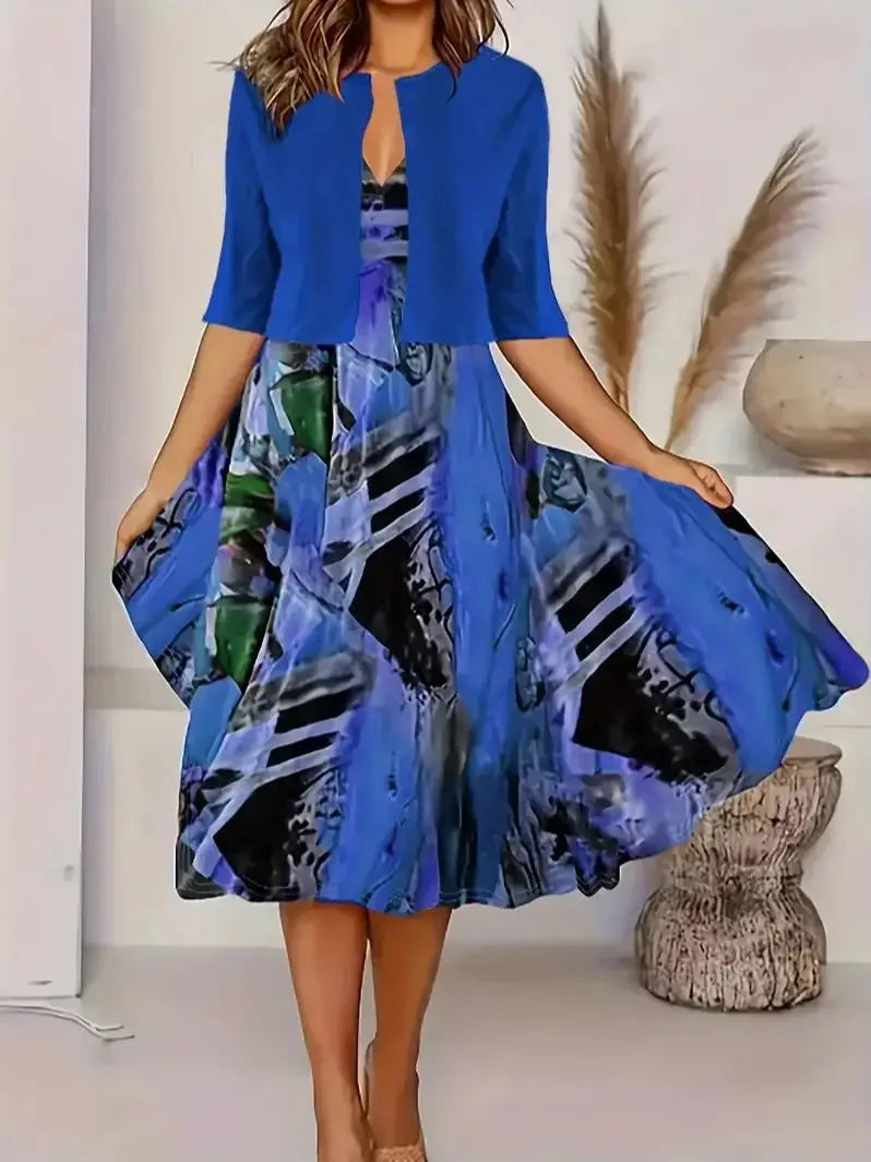 2025 Autumn Women's Long Sleeve Printed Dress with Short Cardigan Set - Casual Office Wear & Fall Outfits for Women