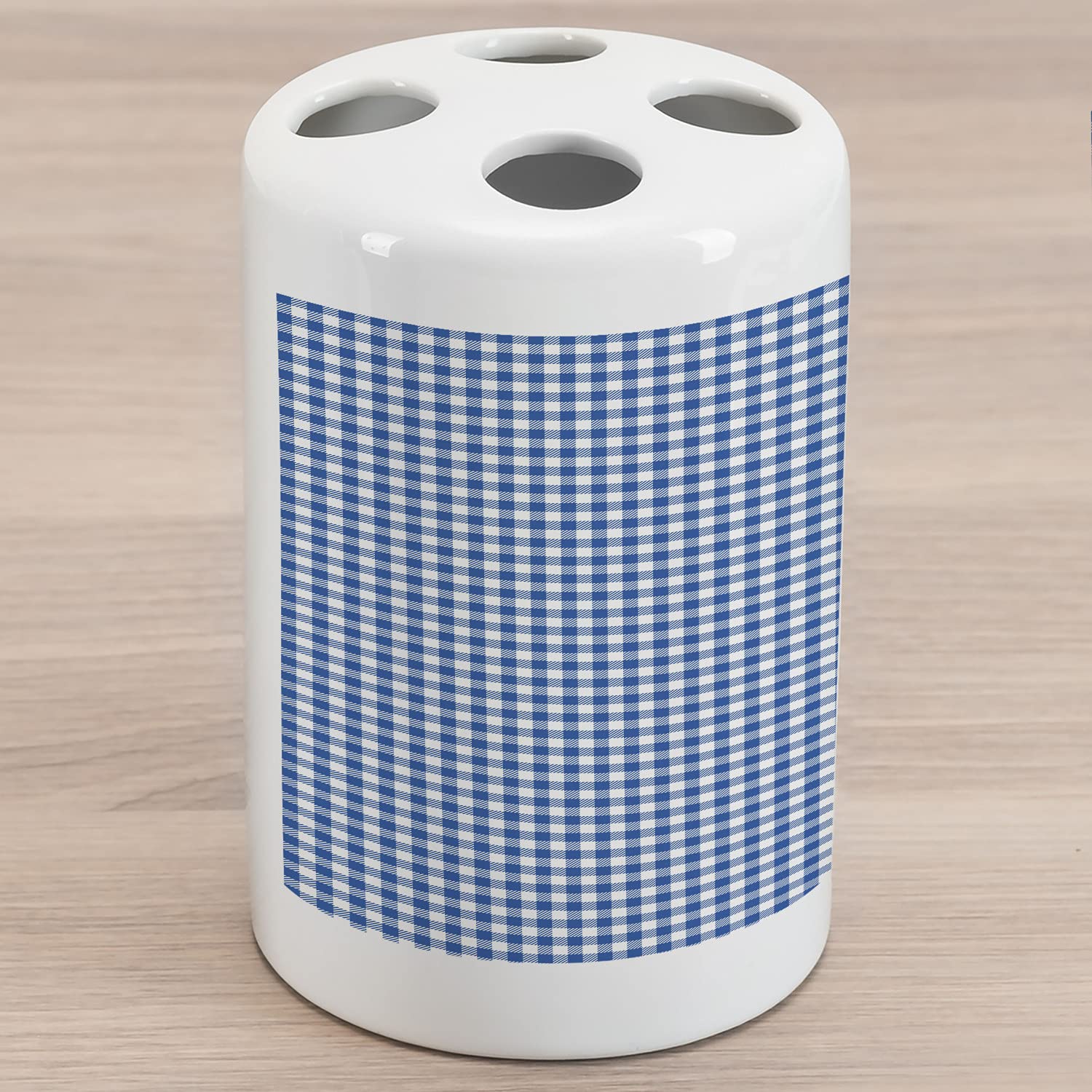 Ambesonne Abstract Ceramic Toothbrush Holder - Minimalist Picnic Table Design with 2-Tone Bands, Violet Blue White Bathroom Countertop Organizer (4.5