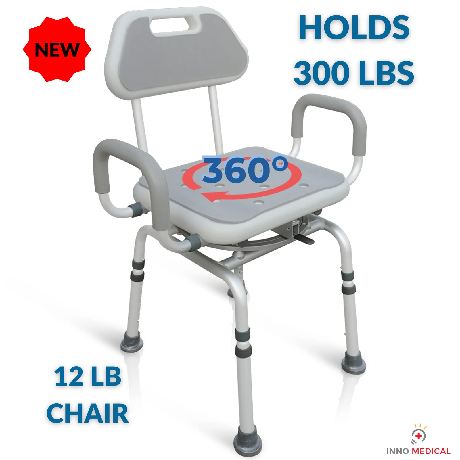 Premium 360° Swivel Shower Chair with Padded Seat & Backrest - Adjustable Bath Bench for Elderly & Disabled - Locking Mechanism & Center Lever for Safety - Ideal for Bathroom, Spa & Mobility Assistance