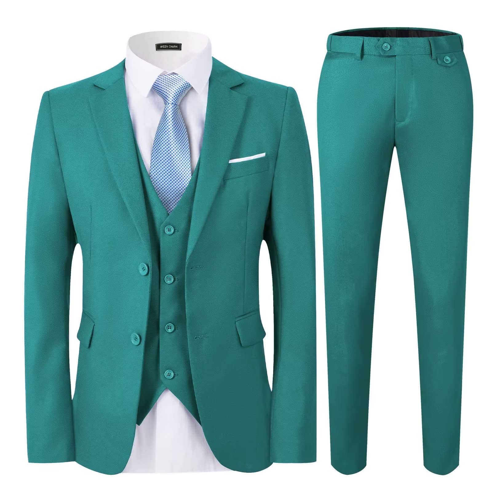 WEEN CHARM Men's Slim Fit 3 Piece Suit Set - 2 Button Blazer, Vest & Pants with Tie - Formal Tuxedo for Weddings, Business & Special Occasions