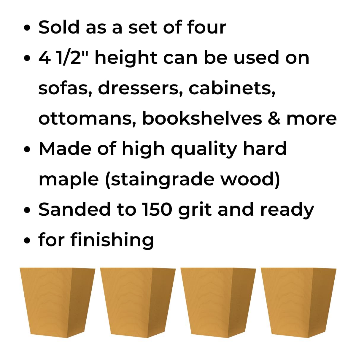 Osborne Tapered Square Wooden Furniture Feet - Set of 4 Soft Maple Replacement Legs for Sofa, Couch, Dresser, Ottoman & Cabinets | Unfinished Sanded DIY Project | Perfect for Home Decor & Furniture Restoration