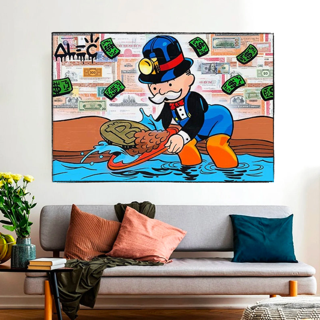 Alec Monopoly Man Bitcoin Mining Artwork - Unique Crypto Landscape Wall Decor for Home & Office - Perfect for Bitcoin Enthusiasts & Modern Art Collectors