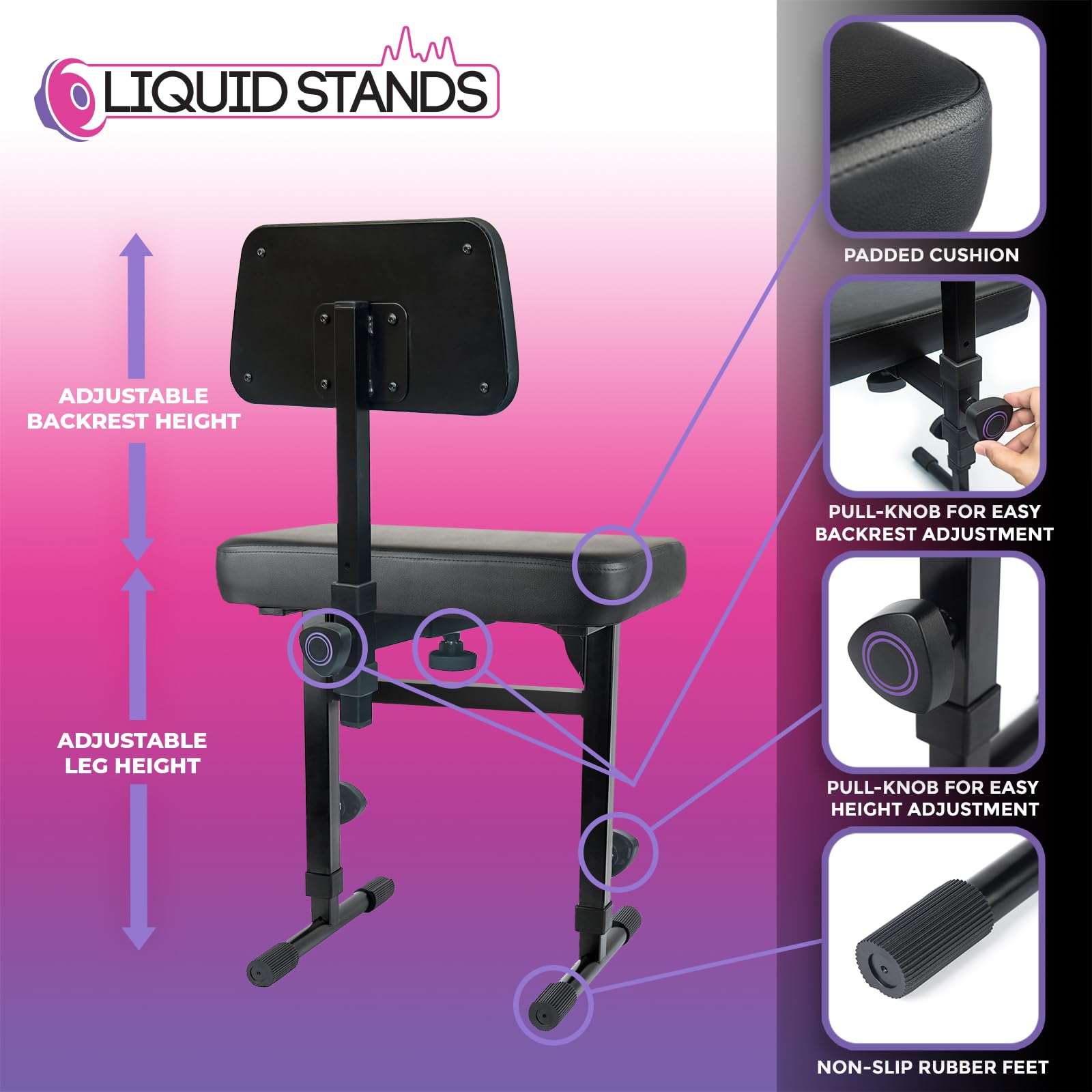 Adjustable Piano Bench with Backrest & Black Padded Cushion - Ergonomic Keyboard Stool for Musicians, Digital Piano & Keyboard Stand - Perfect for Home Studios, Music Lessons & Live Performances
