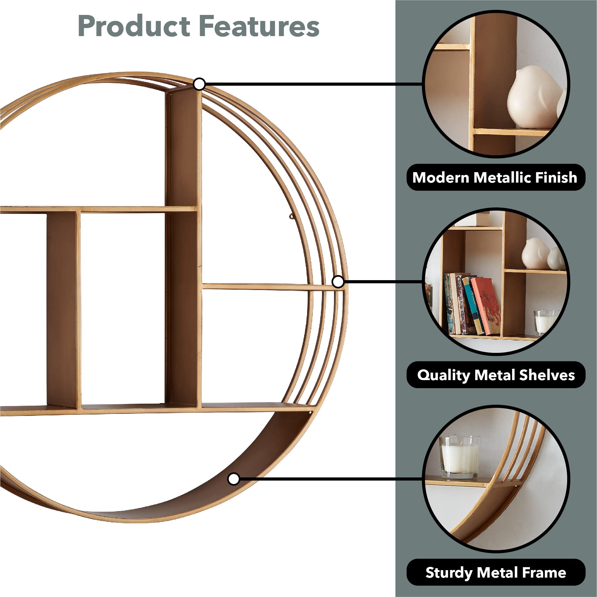 FirsTime & Co. 3-Tier Round Gold Wall Shelf - Industrial Metal Floating Shelf for Bathroom, Bedroom & Living Room Decor - 27.5 Inch Wall Mounted Storage | Perfect for Small Spaces, Home Organization & Stylish Display