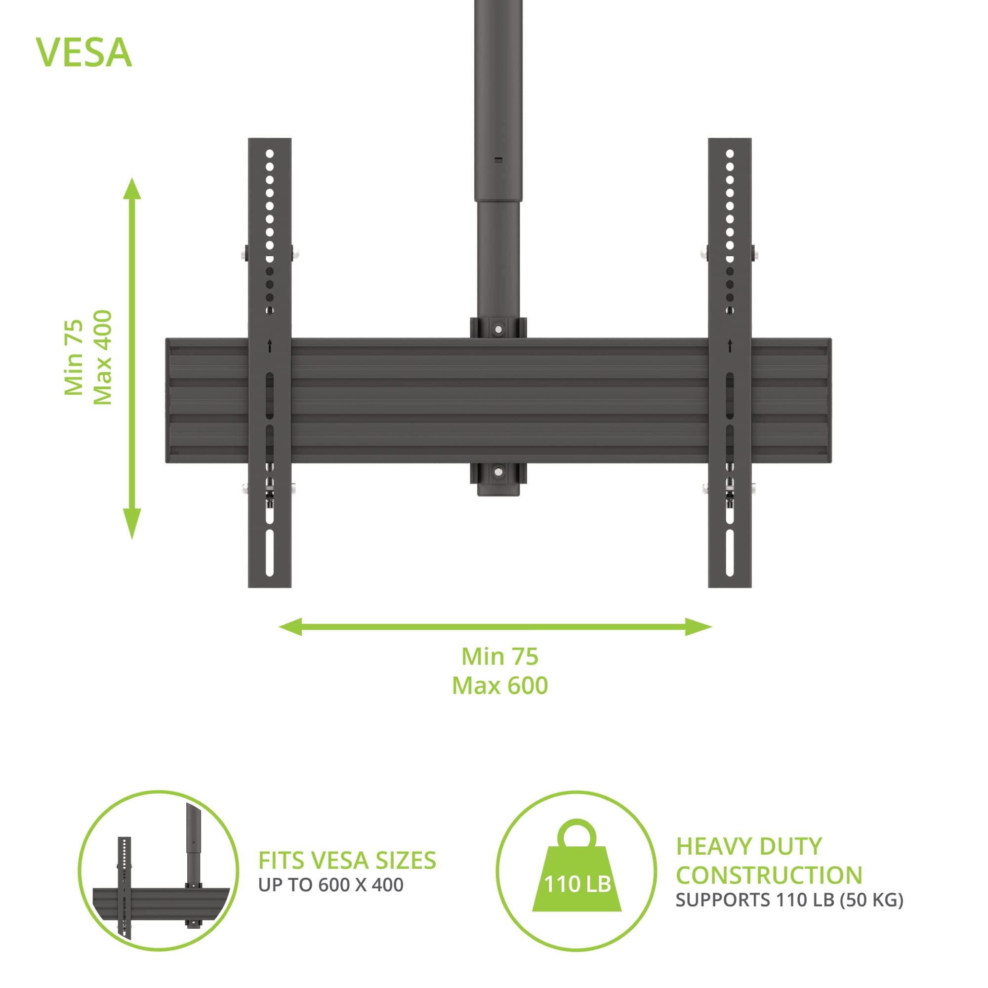 Kanto CM600SG Heavy Duty Stainless Steel Outdoor Ceiling TV Mount Bracket for 37-70 Inch Flat Screen TVs | Weatherproof Black Design | Perfect for Patio, Backyard, and Commercial Use