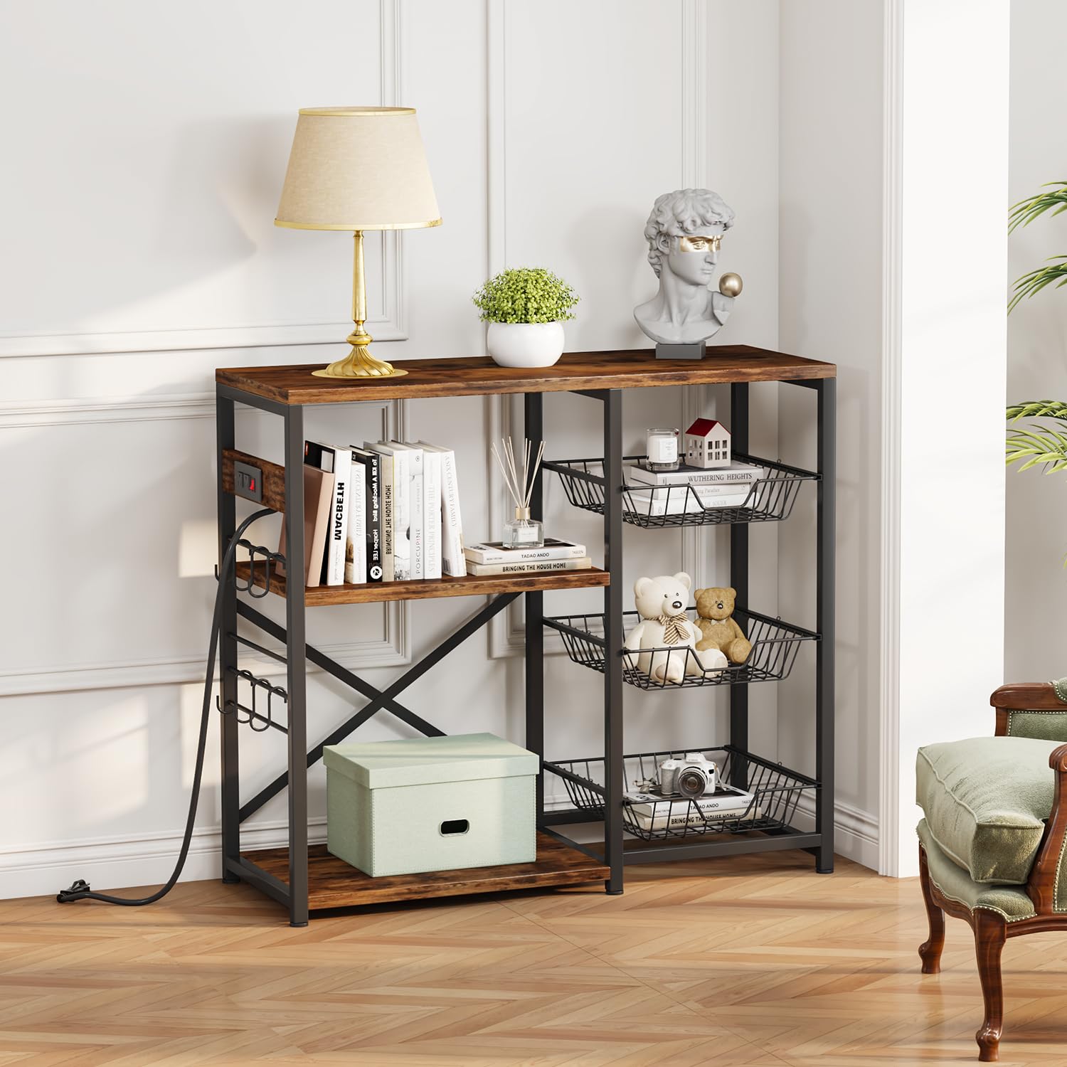Homeiju Kitchen Island with Power Outlet | Rustic Brown Baker's Rack & Microwave Stand | Coffee Bar Station with 3 Removable Wire Baskets | Kitchen Storage Organizer with 6 S-Hooks for Spices, Pots & Pans | Perfect for Small Kitchens, Apartments & Coffee Stations