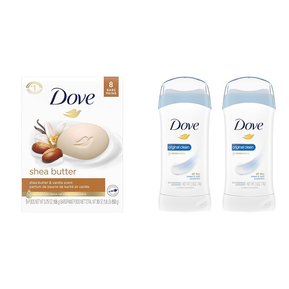 Dove Shea Butter Beauty Bar Soap & Invisible Solid Antiperspirant Deodorant for Women - 8 Bars + 2 Sticks | Gentle Skin Cleanser & Odor Protection for Daily Shower & Fresh All Day