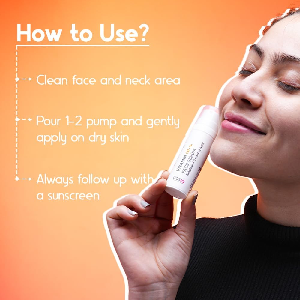 CosIQ 10% Vitamin C Face Serum with Vitamin E & Ferulic Acid - Brightening Serum for Glowing Skin, Reduces Wrinkles, Fine Lines & Dark Spots | Anti-Aging, Hydrating & Skin Protection | Perfect for Daily Skincare Routine & Nighttime Regimen | 30ml