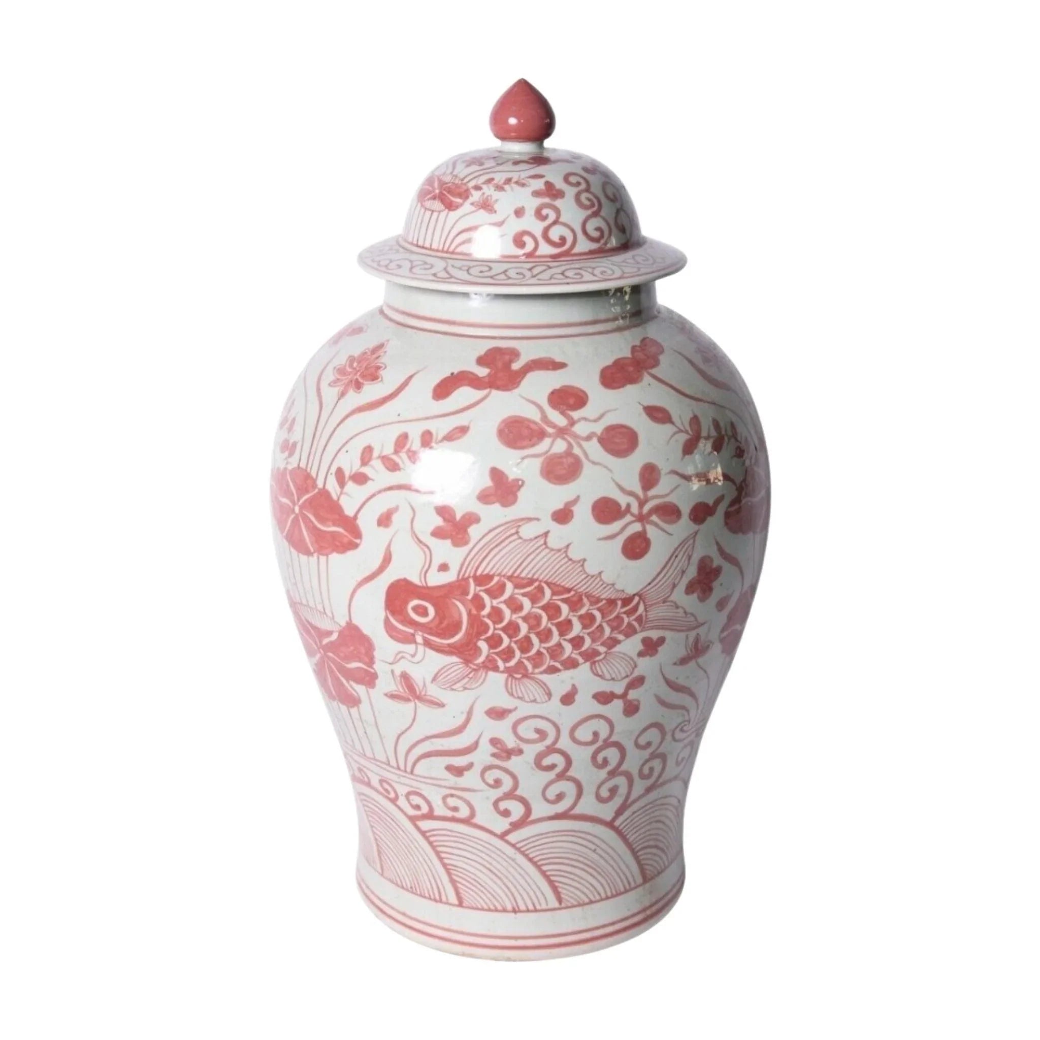 Exquisite Coral Red Fish Porcelain Temple Jar - Handcrafted Asian Home Decor for Living Room, Meditation Space & Feng Shui Altar